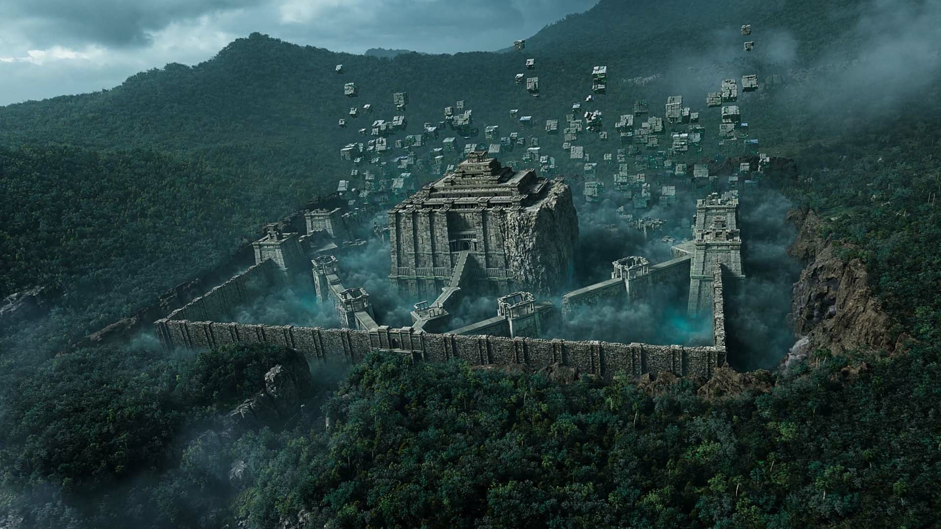 HD wallpaper featuring a mystical temple surrounded by lush mountains and floating blocks, inspired by the video game Final Fantasy VII Rebirth.