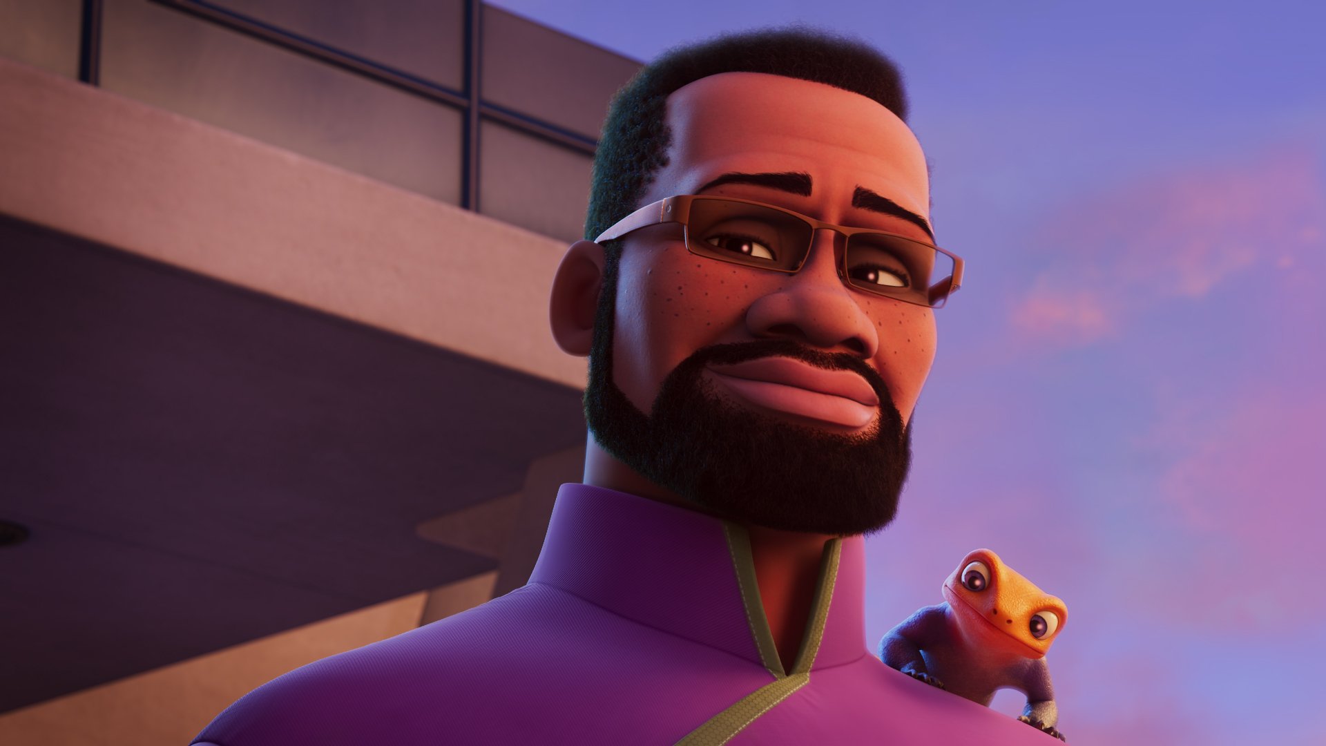 HD wallpaper featuring a character from the TV show Iwájú with a vibrant purple sunset background.