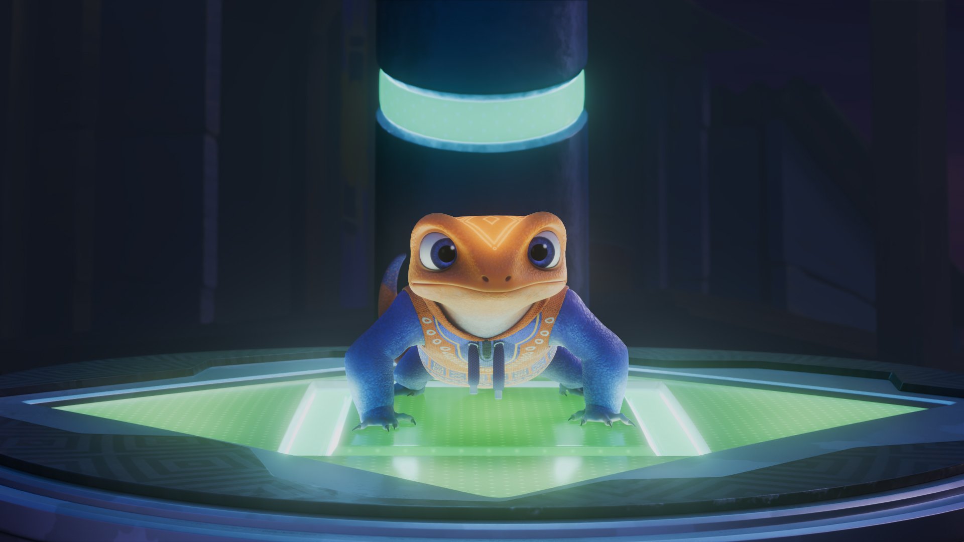 A vibrant HD wallpaper from the TV show Iwájú, featuring a cheerful, anthropomorphic frog standing confidently on a glowing platform under a bright light.