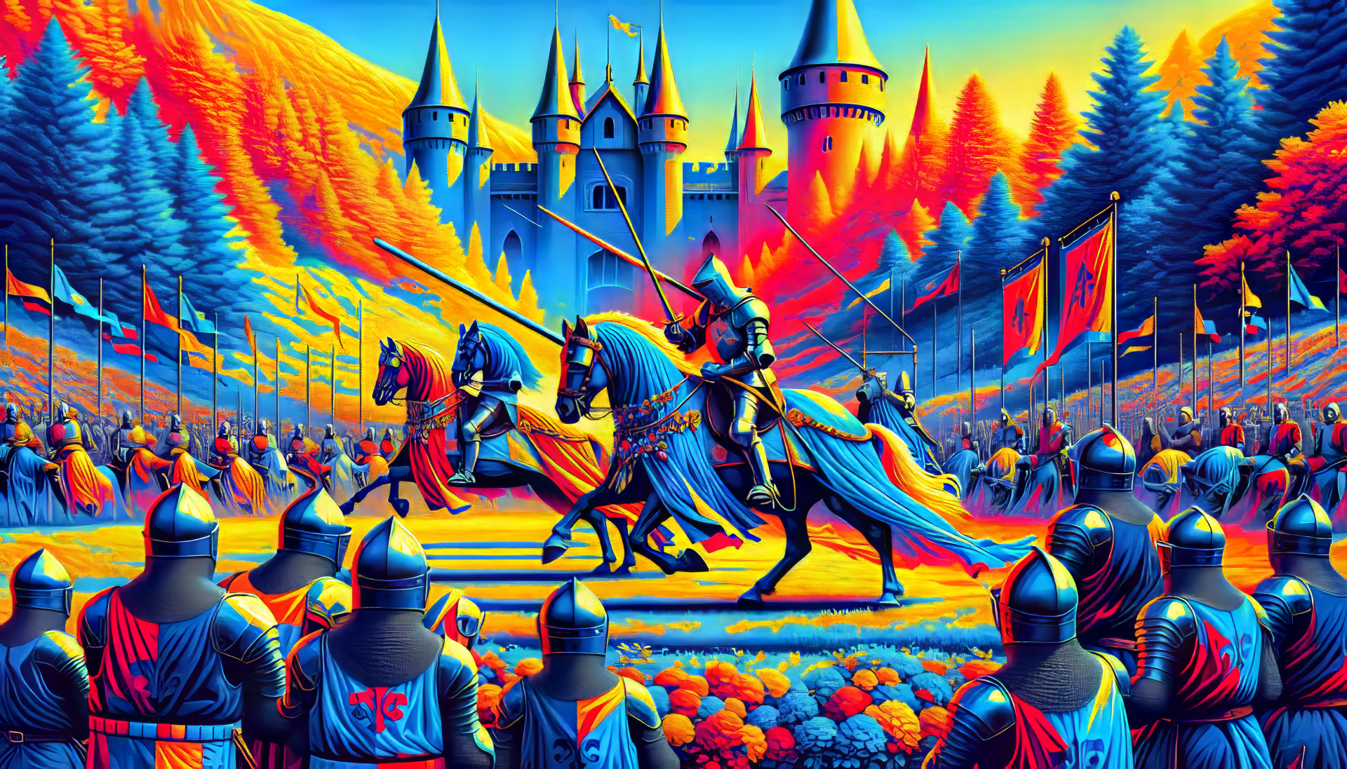 HD desktop wallpaper featuring colorful medieval jousting tournament with knights on horseback in front of a castle and cheering spectators.