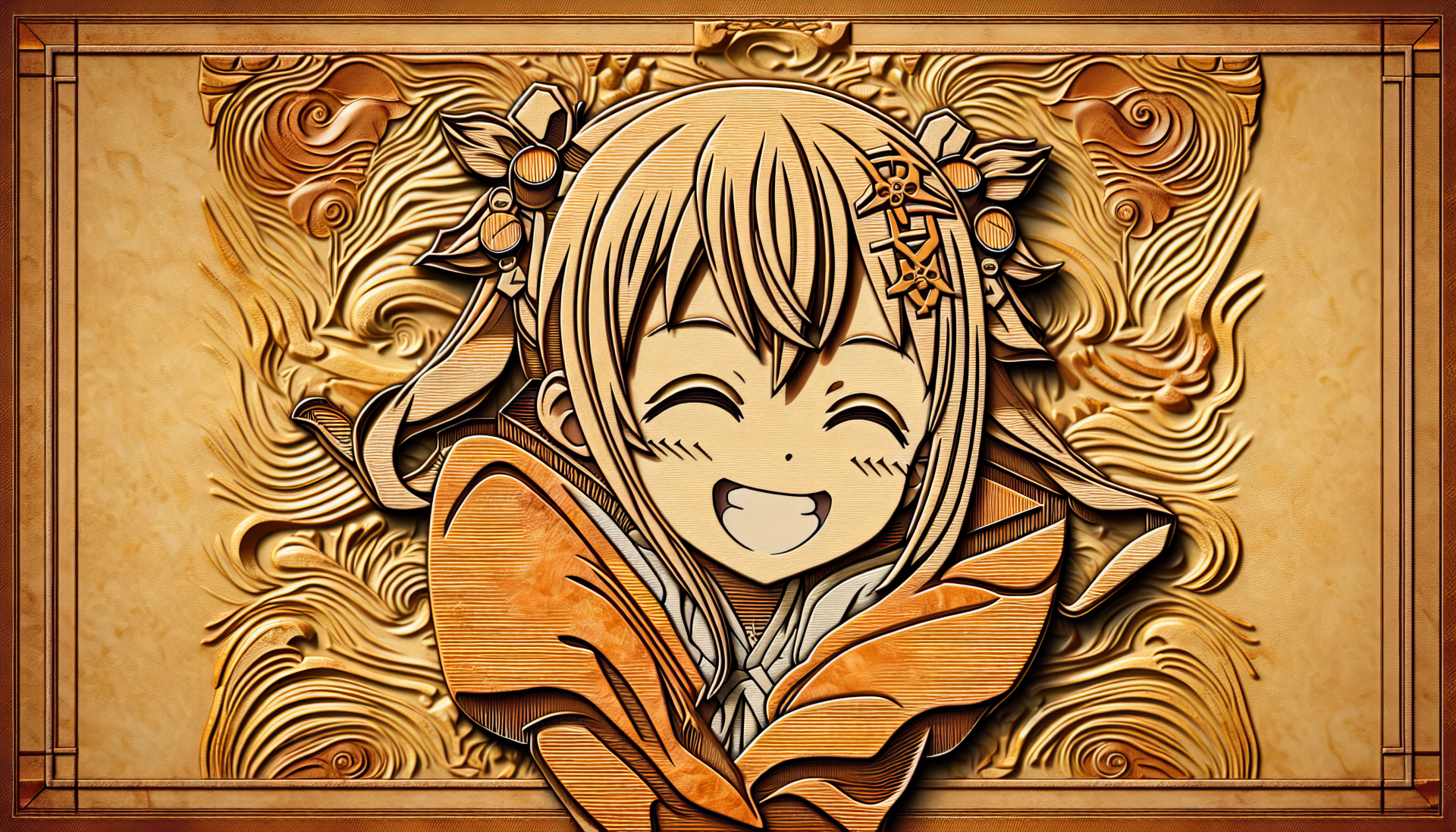 HD anime wallpaper featuring a smiling anime character with ornate wood carving style background for desktop.