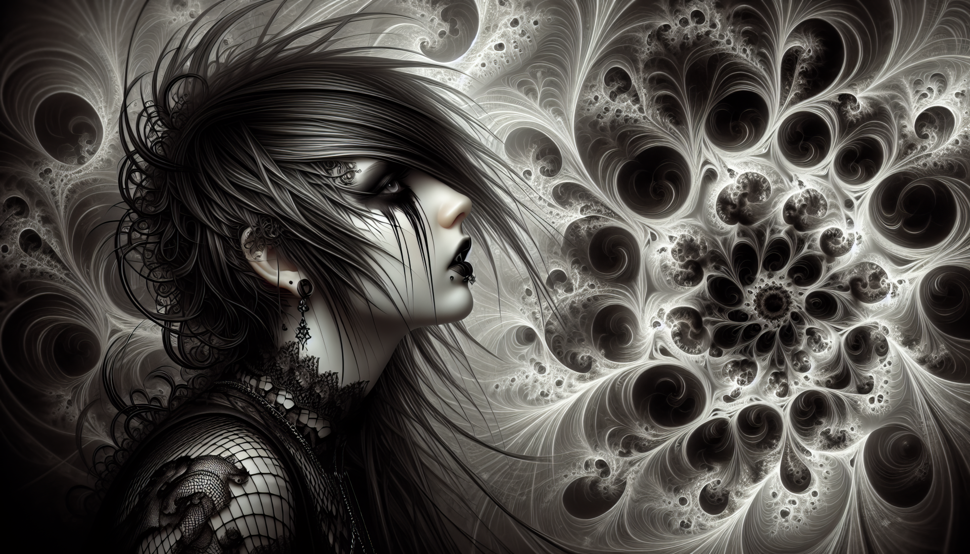 HD desktop wallpaper featuring an artistic illustration of an emo girl with intricate fractal designs in the background.