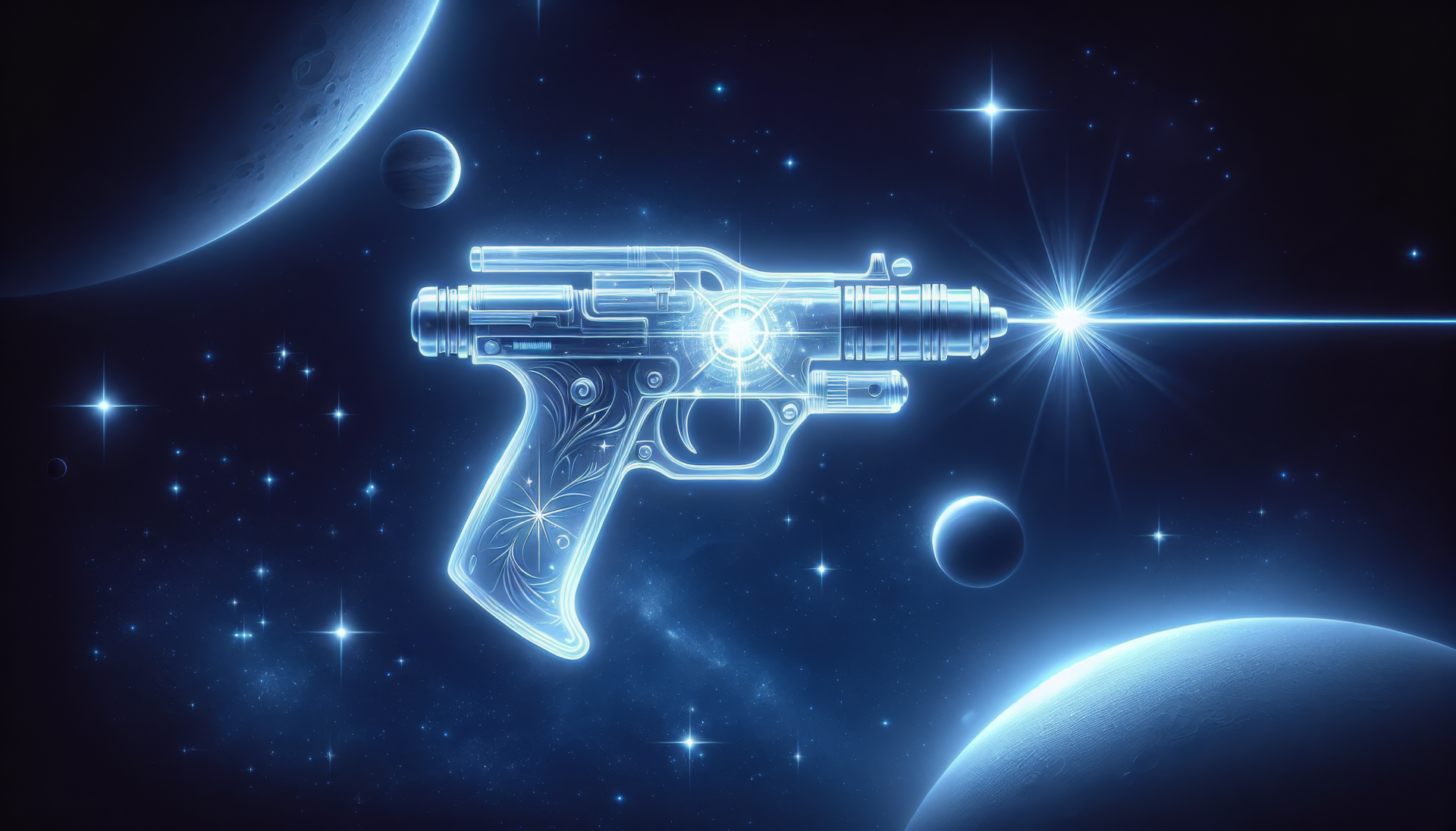 A futuristic laser gun emits a bright beam in a cosmic setting, surrounded by planets and stars, creating a stunning HD desktop wallpaper and background.