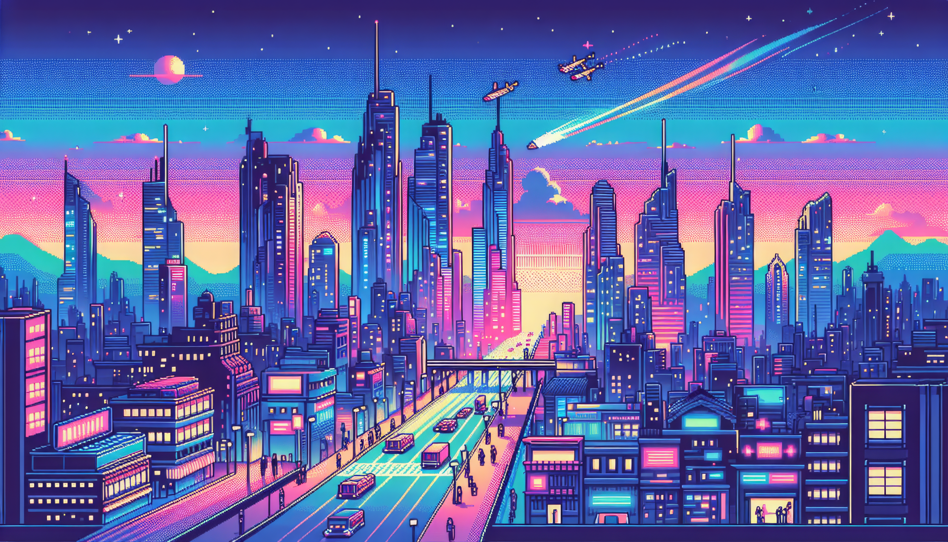 HD wallpaper of a vibrant, futuristic cityscape at sunset with neon colors and stylized skyline for desktop background.