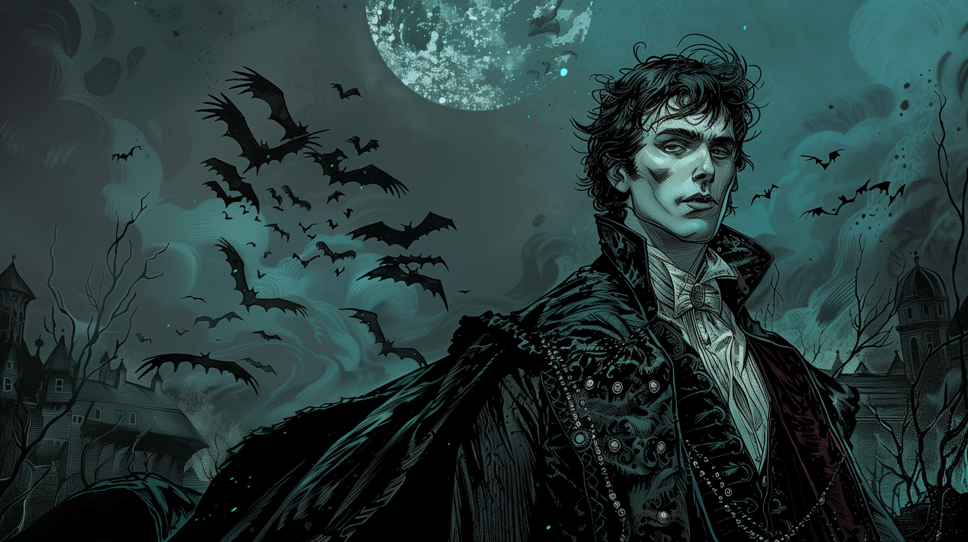 HD gothic vampire desktop wallpaper featuring a dark, eerie horror scene with a brooding vampire under a full moon and flying bats in the night sky.