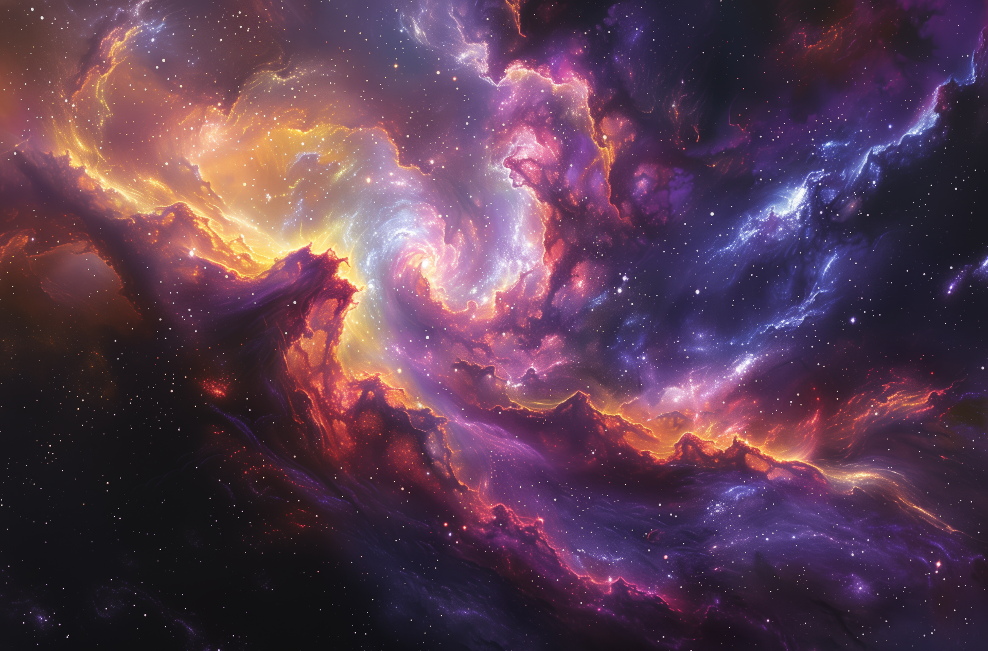 Vibrant 4K Ultra HD cosmic nebula with swirling colors of purple, orange, and blue, showcasing a dynamic space scene rich in universe and sci-fi elements.