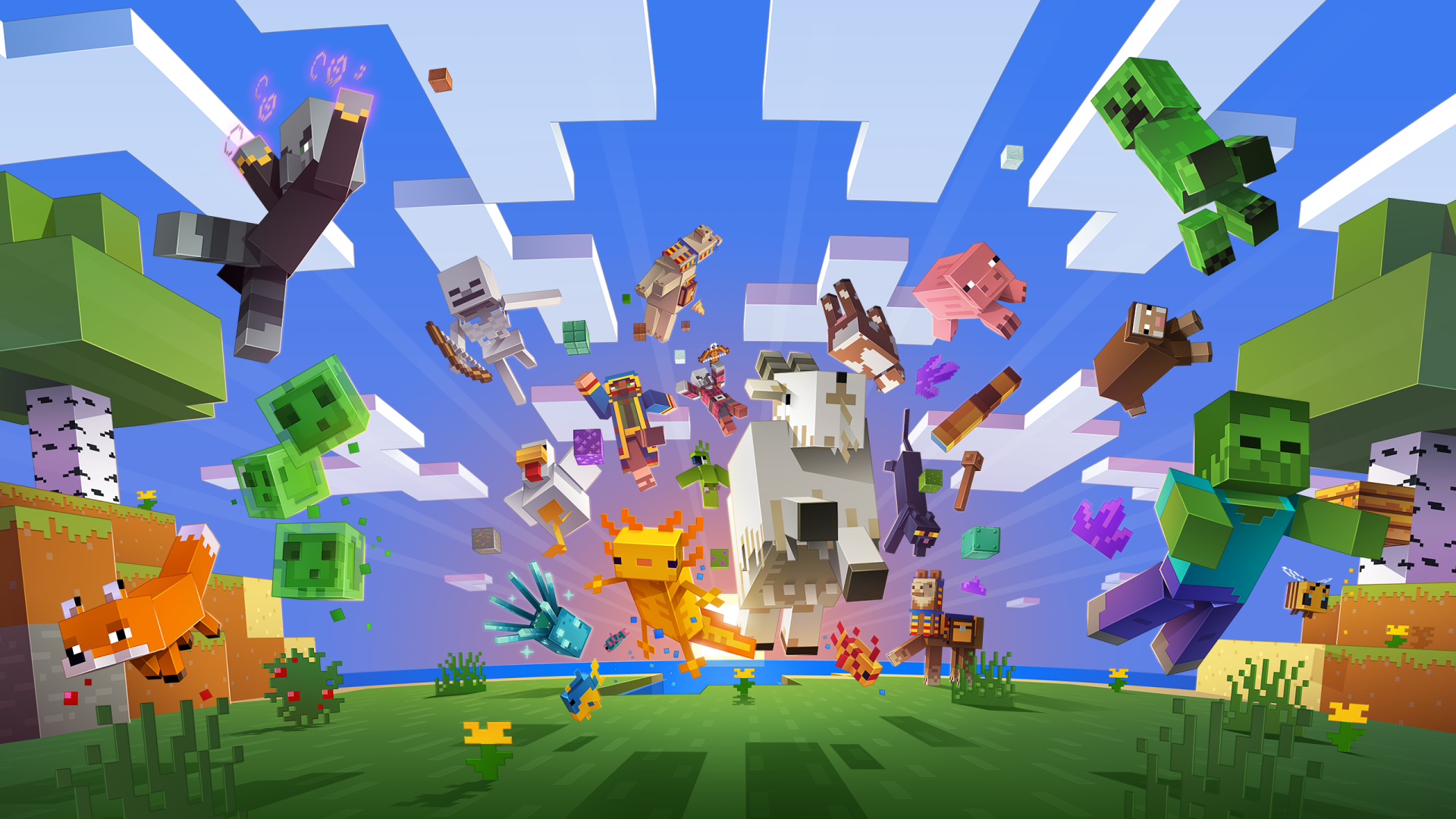 HD Minecraft wallpaper featuring an explosion of characters and blocks against a stylized blue sky background.