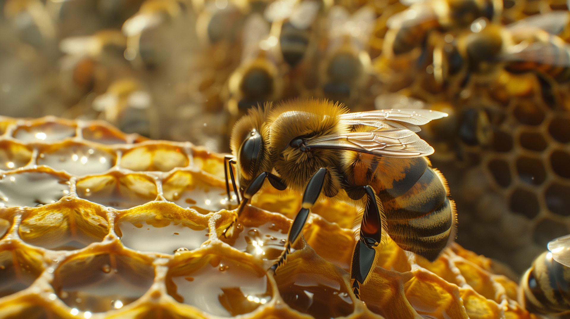 A close-up HD wallpaper of a honeybee drinking nectar on a beehive background.
