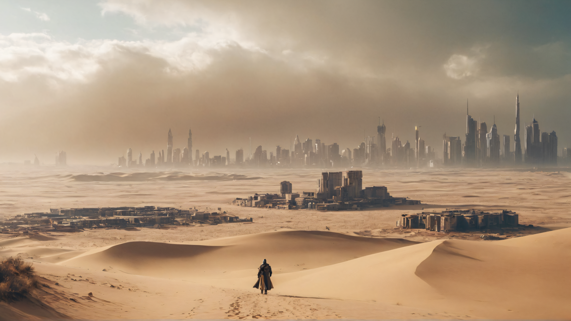 4K Ultra HD sci-fi cityscape blending futuristic skyscrapers with a vast desert, featuring a lone figure walking toward the horizon in this striking PC desktop wallpaper.