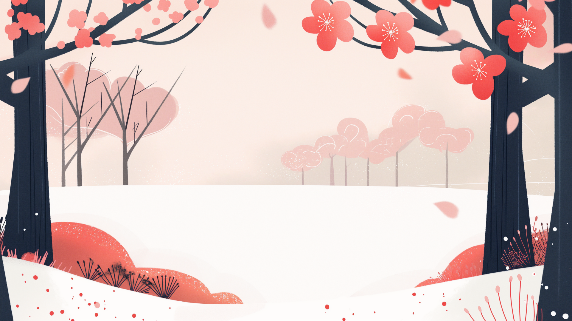 HD desktop wallpaper featuring a serene spring scene with cherry blossoms, trees, and a subtle pinkish hue.