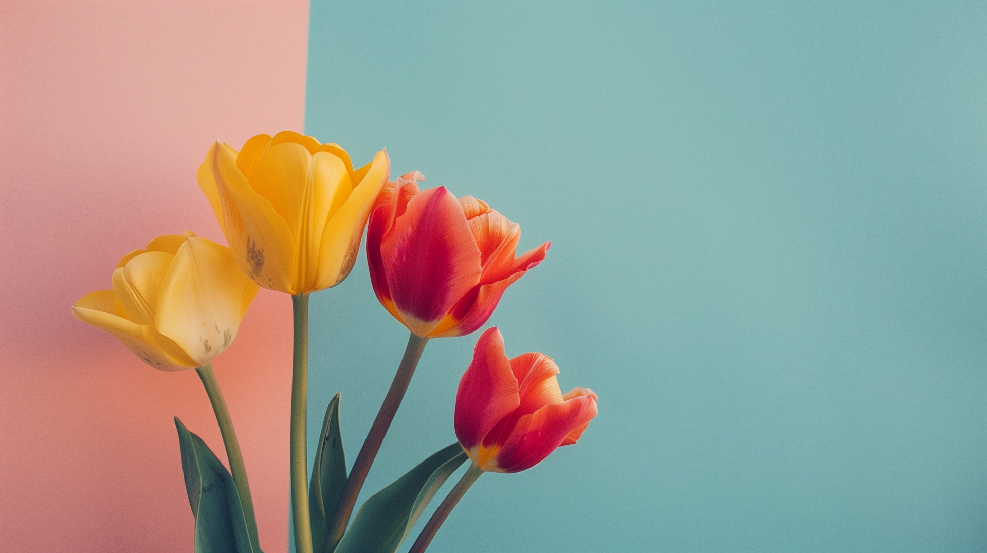 HD wallpaper of vibrant yellow and red tulips against a dual-tone coral and turquoise minimalist background, embodying the essence of spring.