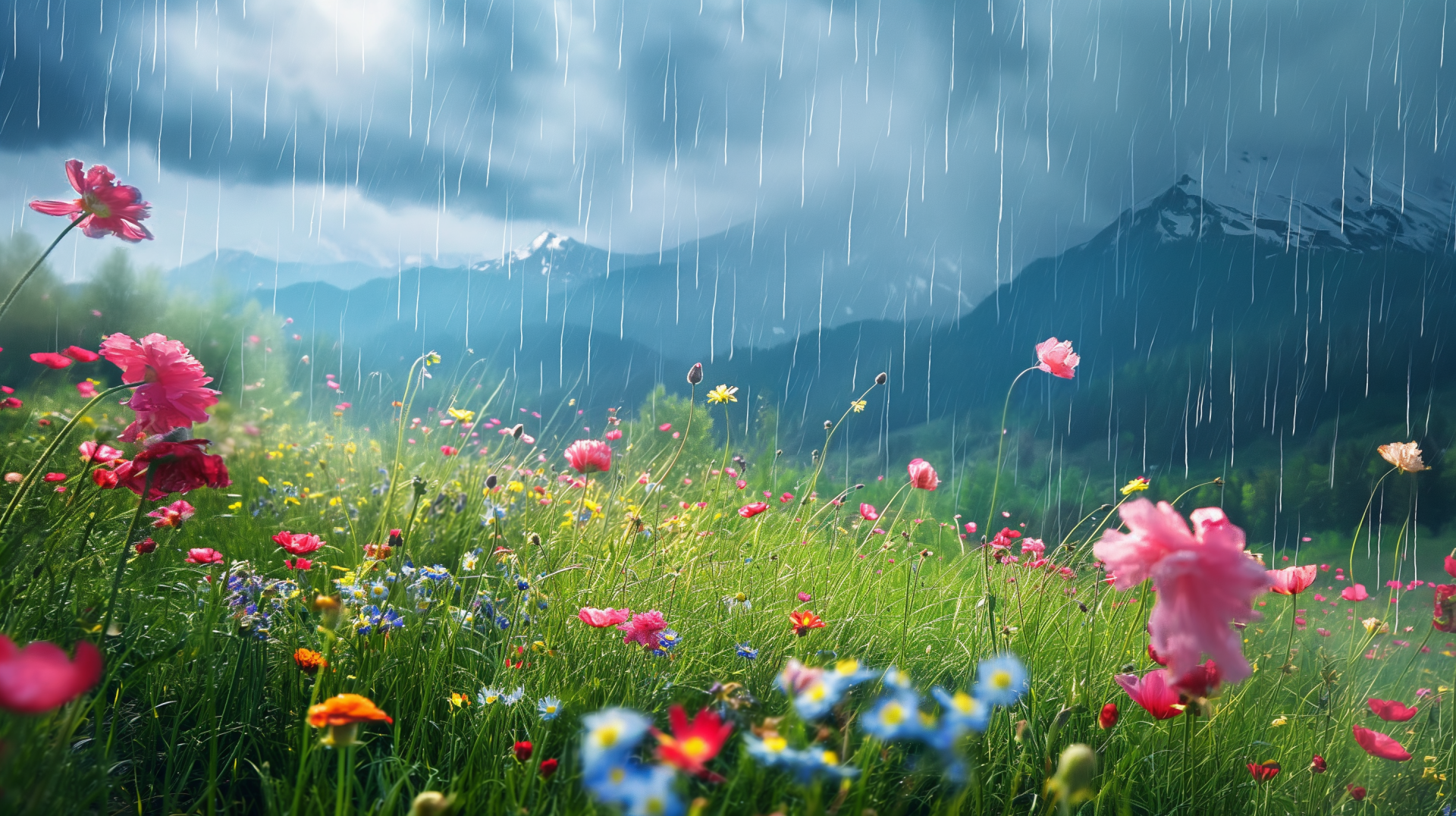 HD spring wallpaper featuring a vibrant meadow with colorful flowers under a rain shower with mountain backdrop.
