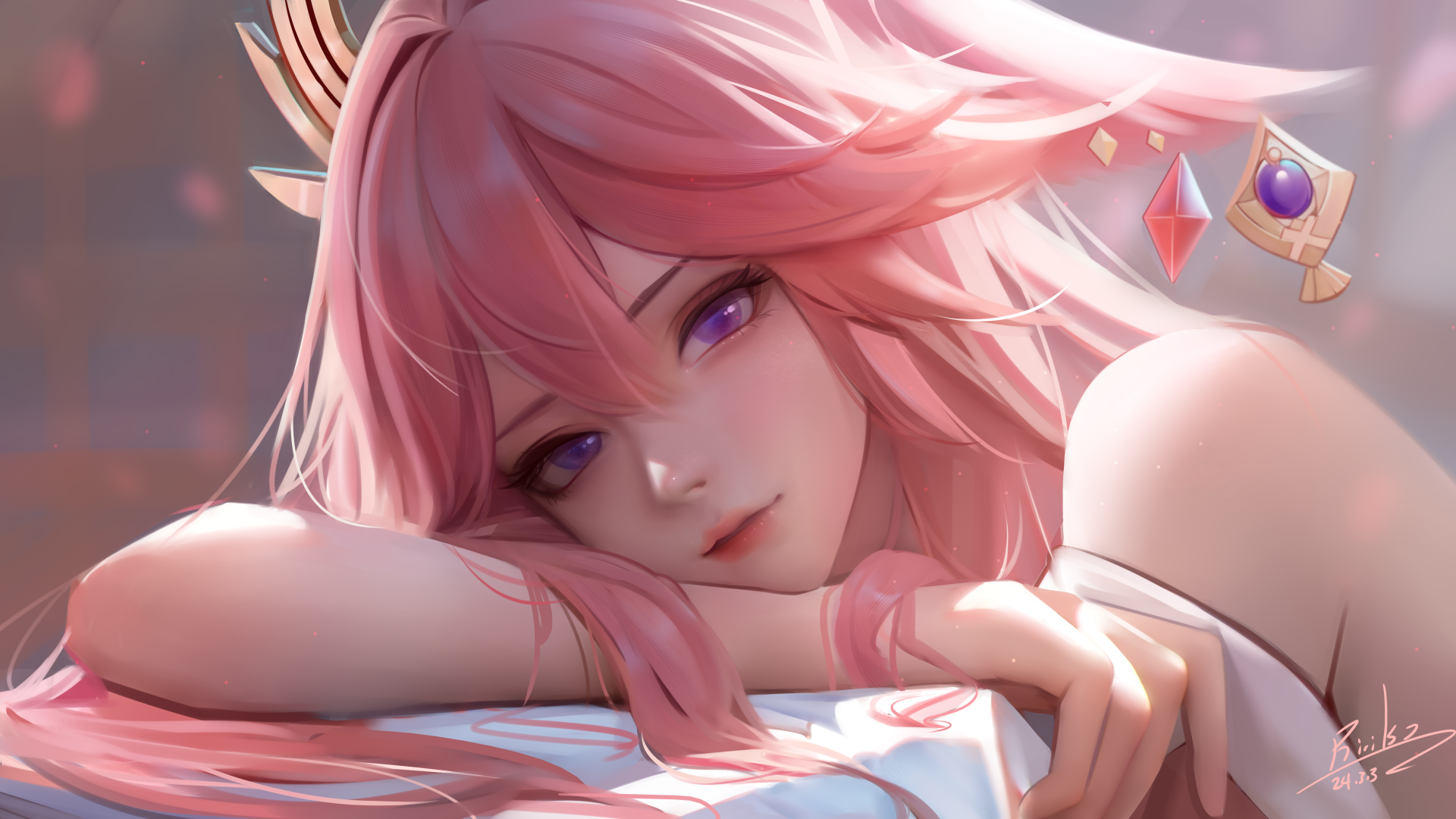 4K Ultra HD PC desktop wallpaper featuring Yae Miko Guuji from Genshin Impact with detailed pink hair and serene purple eyes in a close-up portrait.