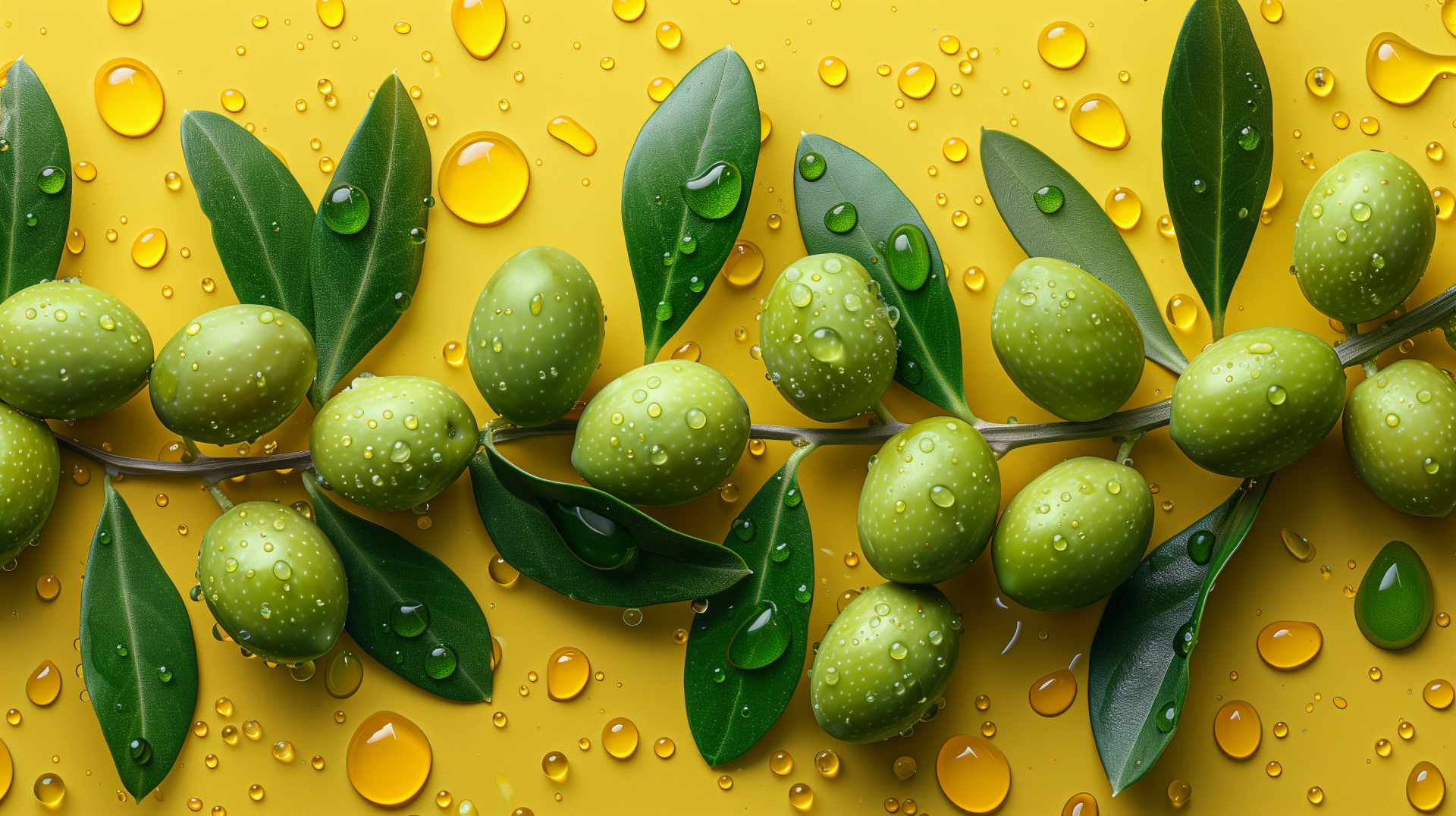 Fresh green olives on a branch with leaves and water droplets on a yellow background, high-definition desktop wallpaper.