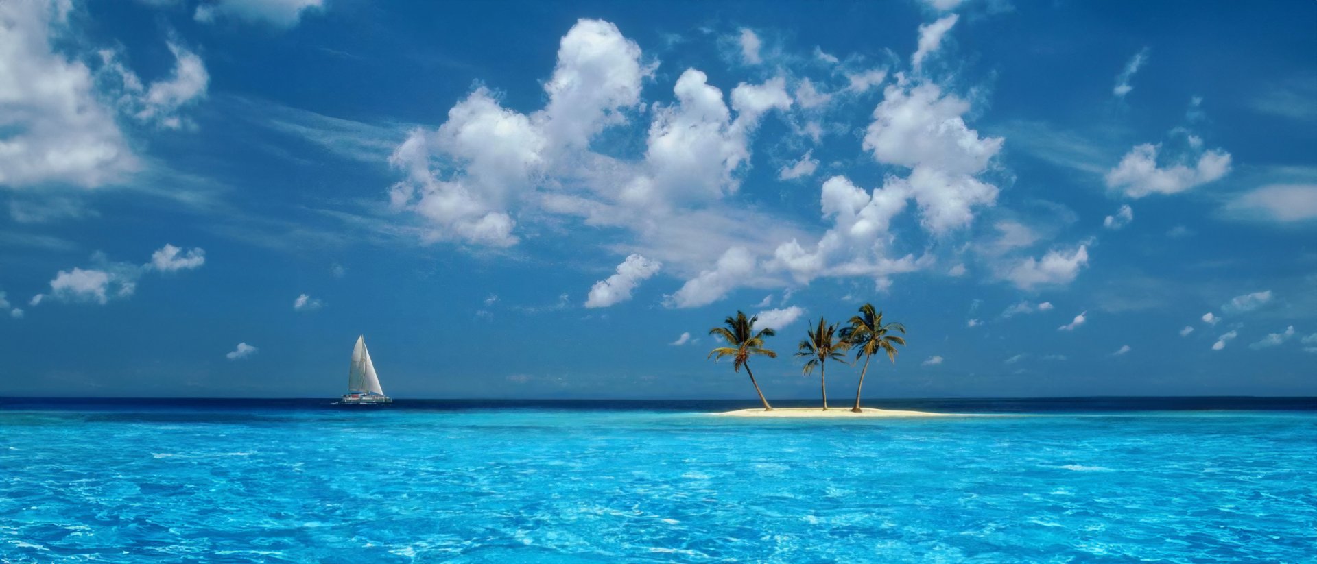 4K Ultra HD PC desktop wallpaper featuring a serene blue ocean under a bright sky with fluffy clouds, a small island with palm trees, and a distant sailboat, inspired by Windows XP.
