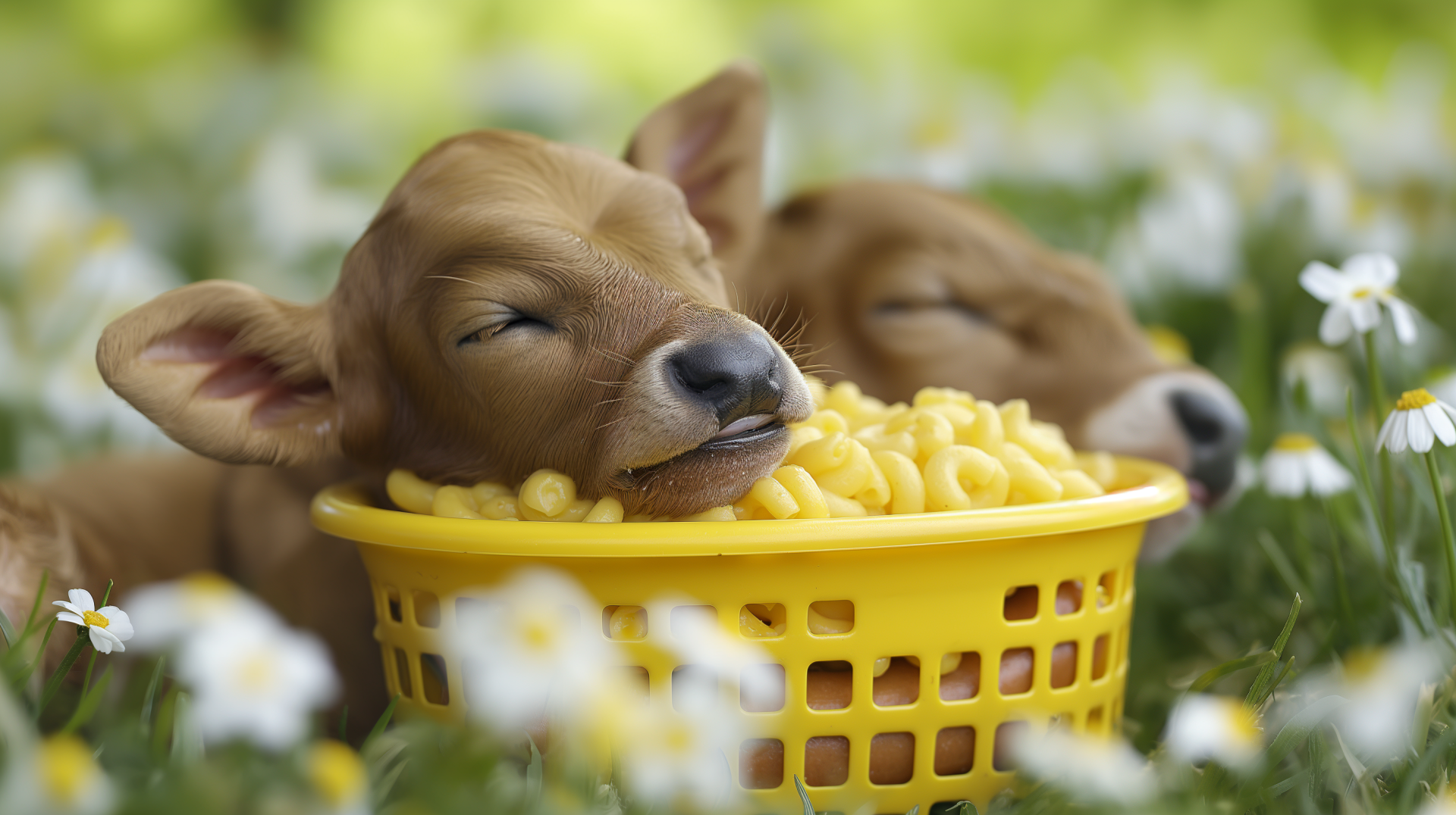 Sleeping calves in a basket with macaroni set in a floral field for a whimsical HD desktop wallpaper background.