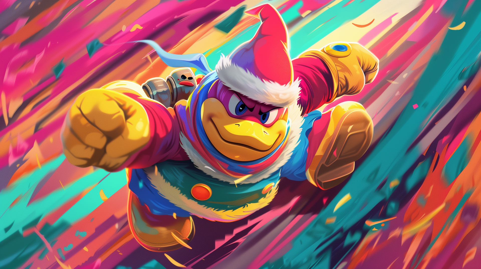 HD wallpaper featuring dynamic fan art of King Dedede against a colorful abstract background.