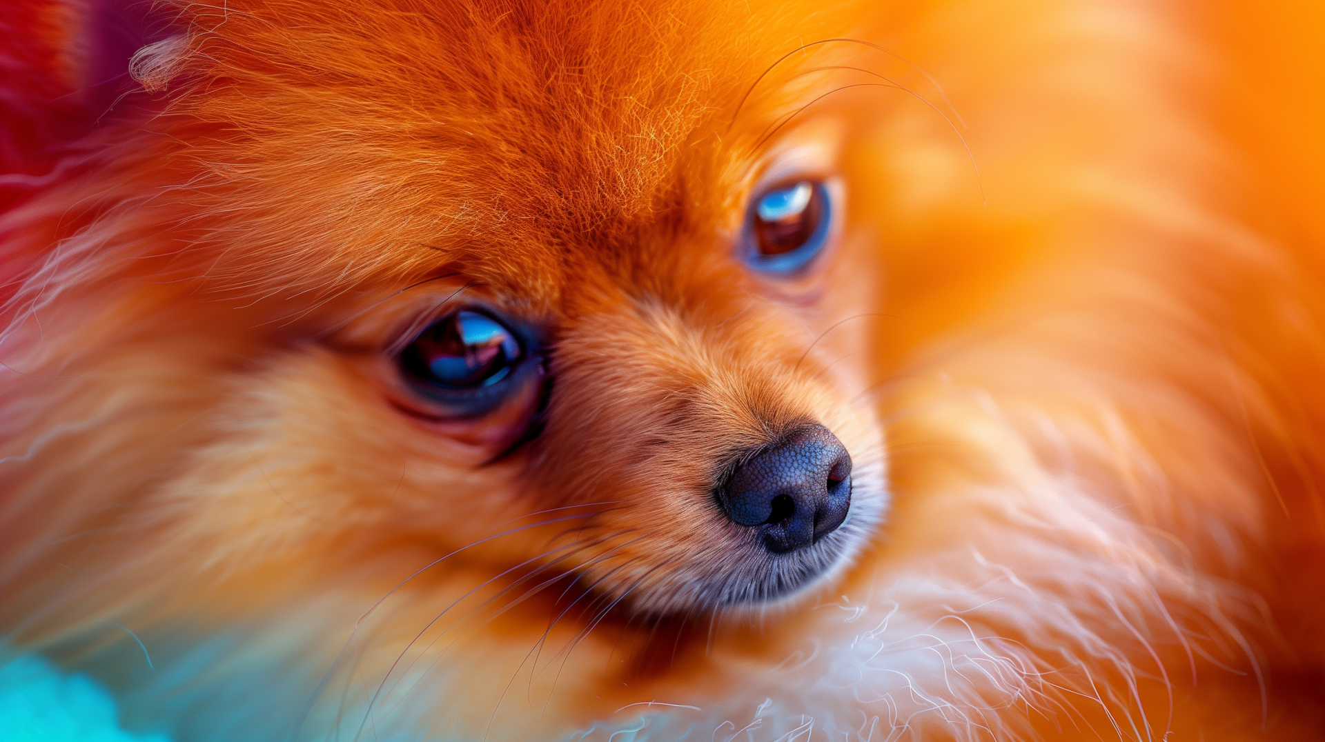 HD Desktop Wallpaper of a Cute Pomeranian Dog with a Fluffy Orange Coat against a Colorful Background.