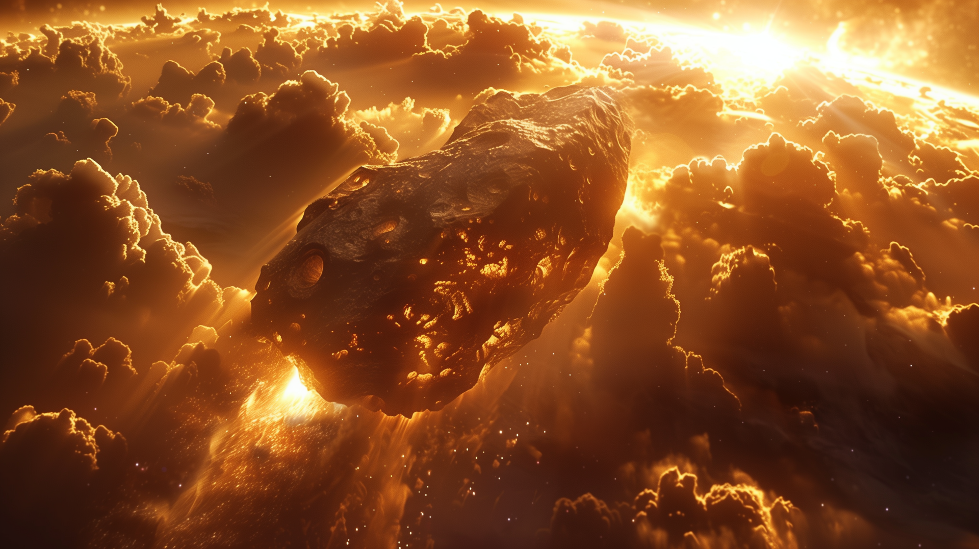 A striking HD desktop wallpaper featuring a glowing meteorite soaring through vibrant clouds, illuminated by a dramatic cosmic sunset.