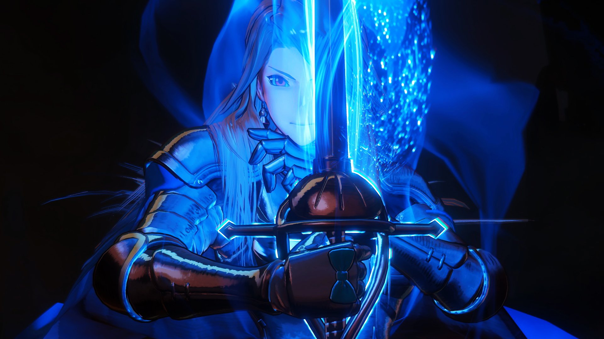 Granblue Fantasy: Relink video game character wielding a glowing blue sword, in a high-definition desktop wallpaper background.