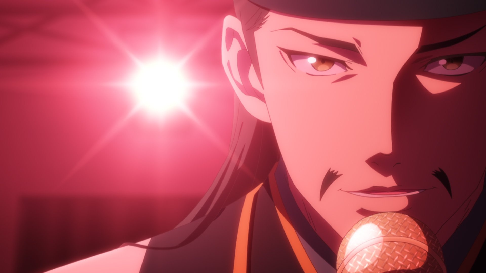 HD Anime Wallpaper of a character from 'Ya Boy Kongming!', confidently holding a microphone with a dramatic backlight creating a silhouette effect.