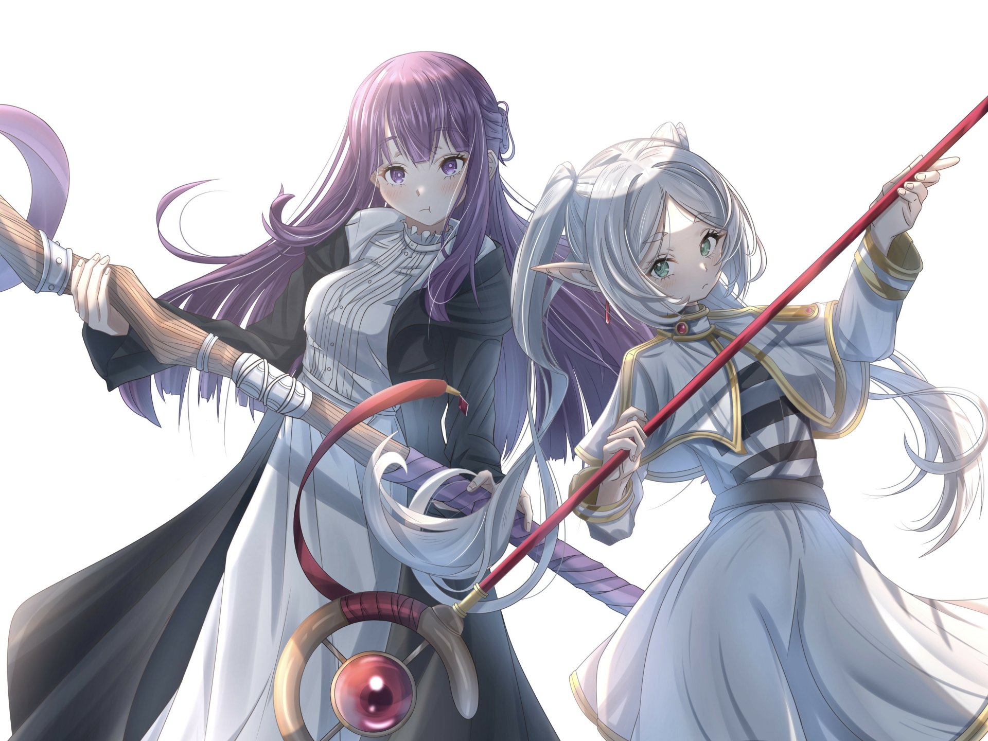 Anime-style 4K Ultra HD wallpaper featuring Frieren and Fern from Frieren: Beyond Journey's End, showcasing dynamic poses with weapons against a bright background.