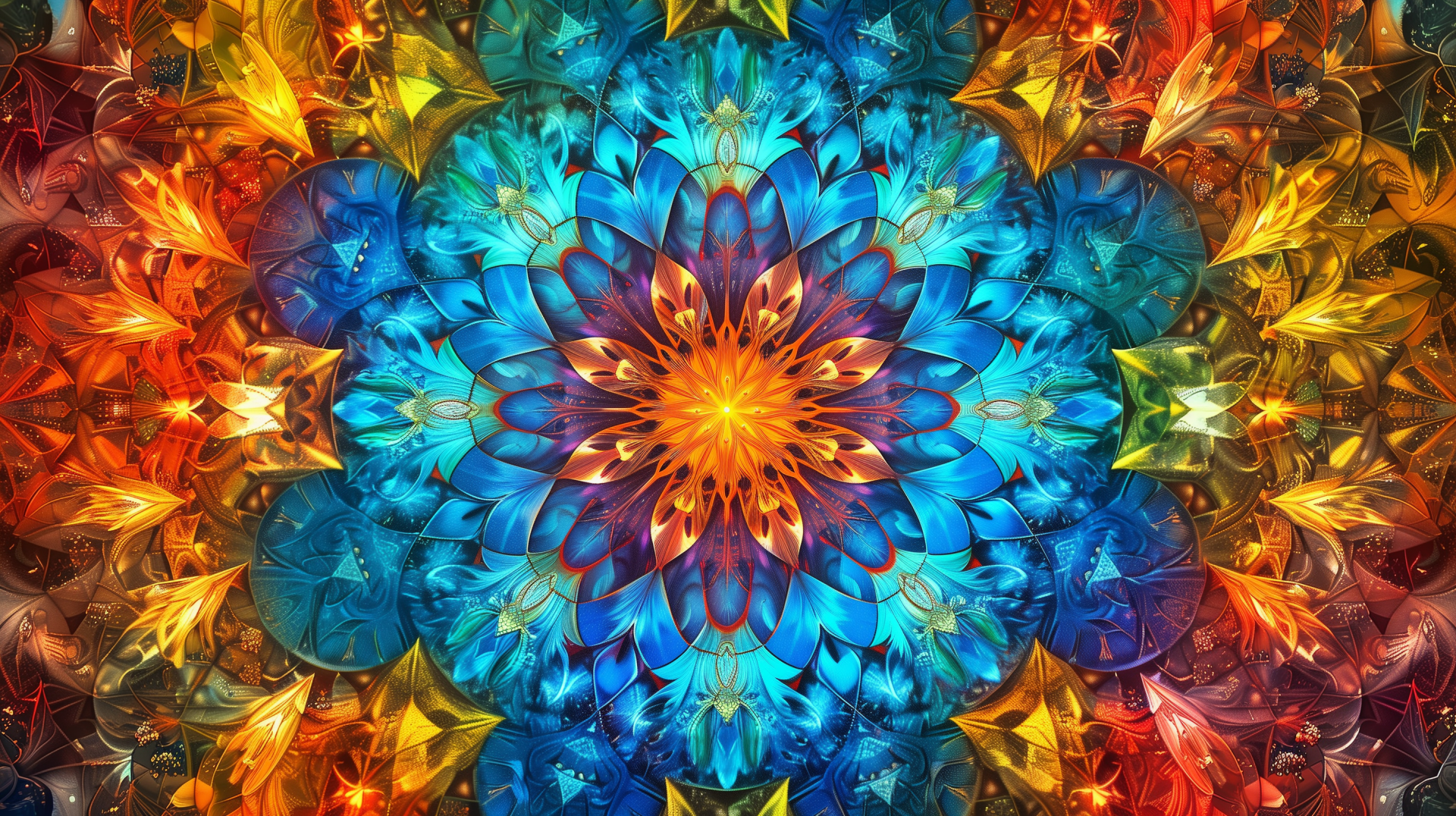 Vibrant kaleidoscope pattern HD desktop wallpaper with a colorful abstract flower design for background.