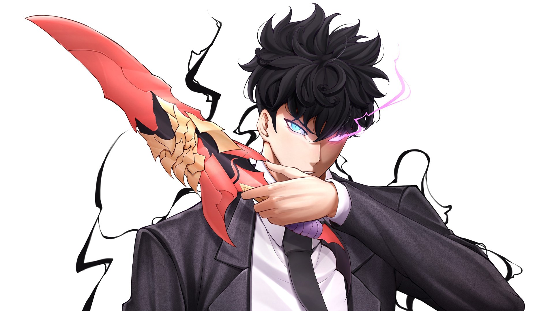 HD anime wallpaper featuring Sung Jin-Woo from Solo Leveling, poised with a glowing red sword.