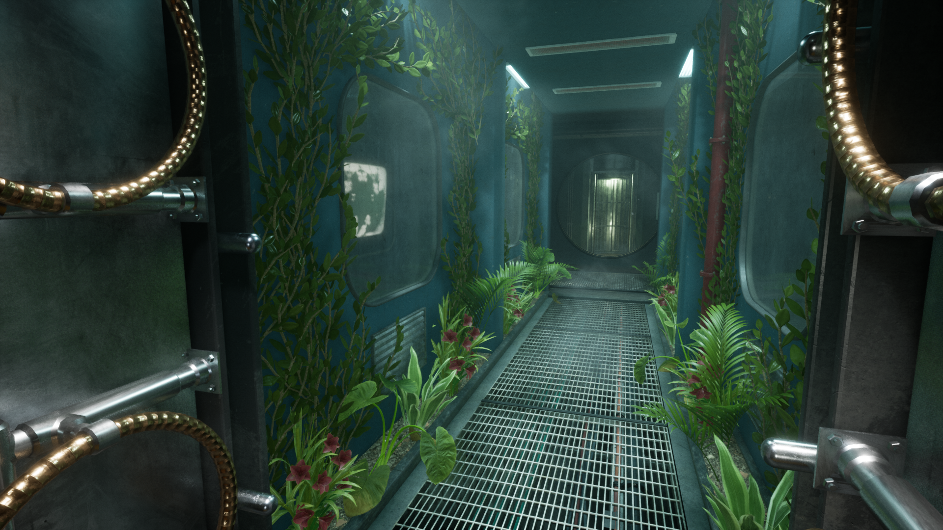 HD desktop wallpaper featuring a dimly lit corridor with overgrown plants from the video game The Outlast Trials.