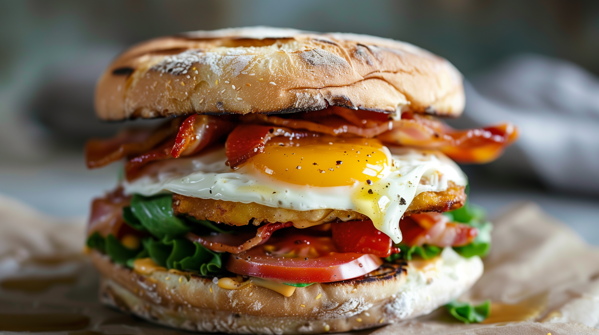 HD desktop wallpaper of a mouthwatering breakfast sandwich with crispy bacon, a fried egg, fresh lettuce, and tomatoes.