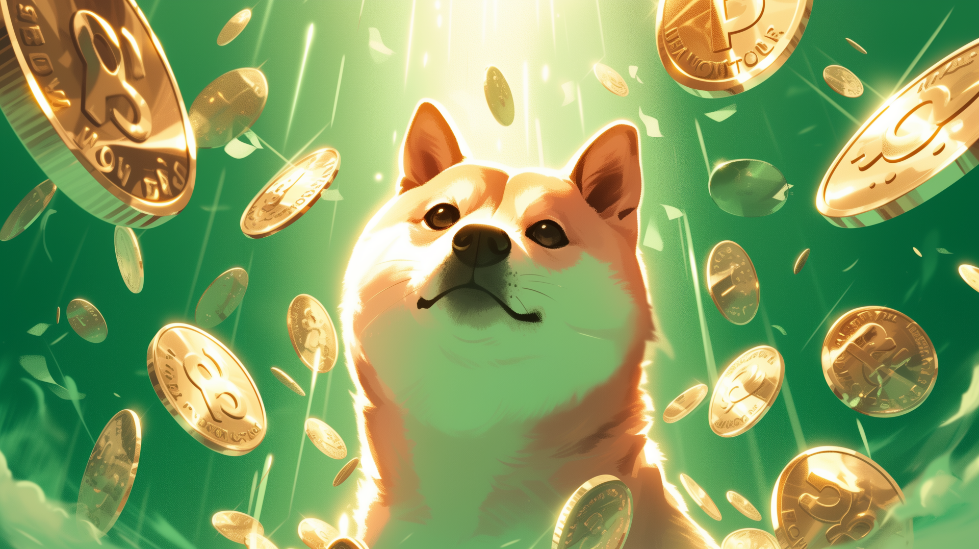 HD desktop wallpaper featuring a Shiba Inu surrounded by floating Dogecoin cryptocurrency coins with a radiant green background.