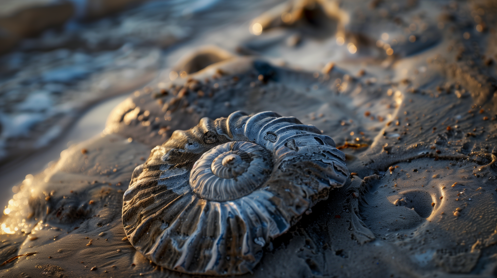 Ammonite fossil in the sand HD wallpaper background.