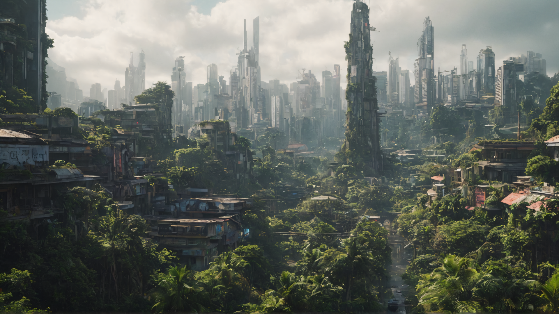 4K Ultra HD sci-fi cityscape blending futuristic skyscrapers with dense greenery, creating a vivid contrast in a detailed PC desktop wallpaper background.