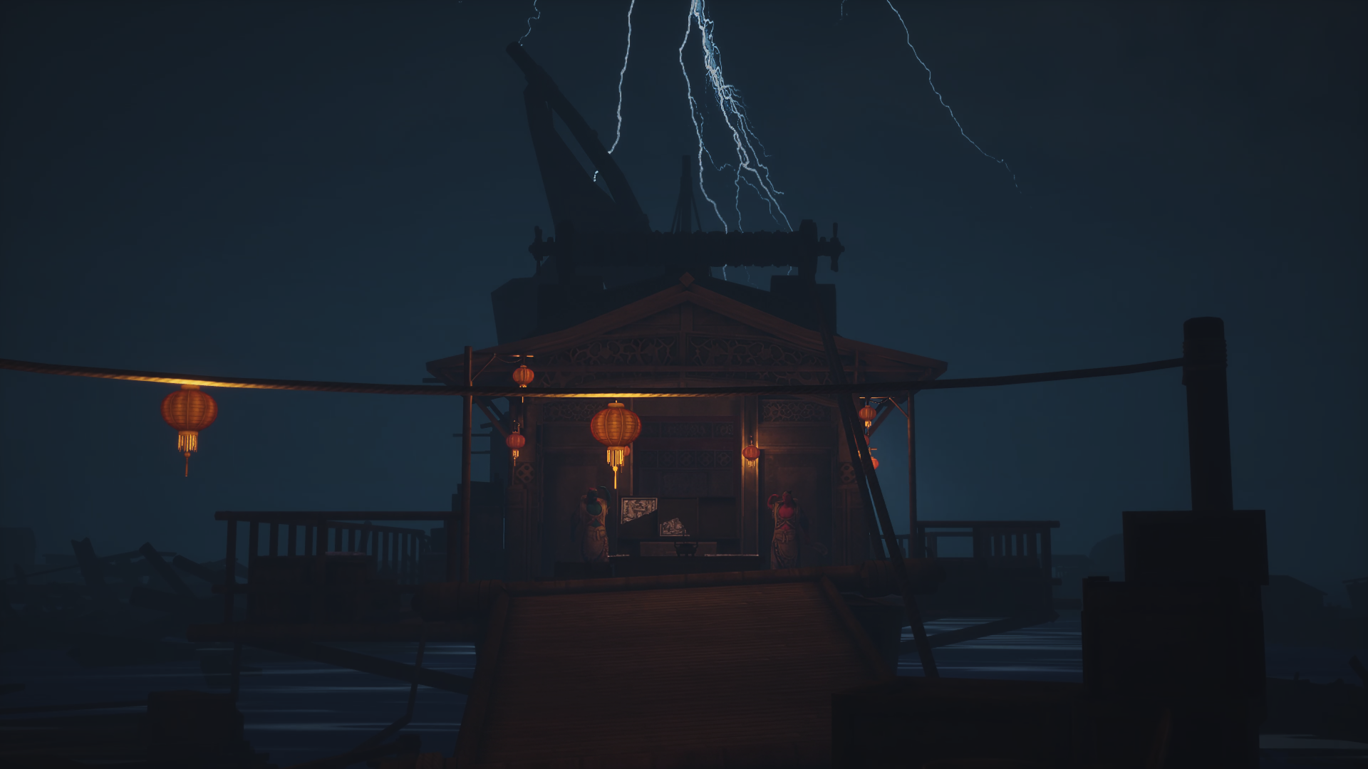 HD wallpaper of 'The Pirate Queen: A Forgotten Legend' video game featuring a ship deck scene with lightning in the background.