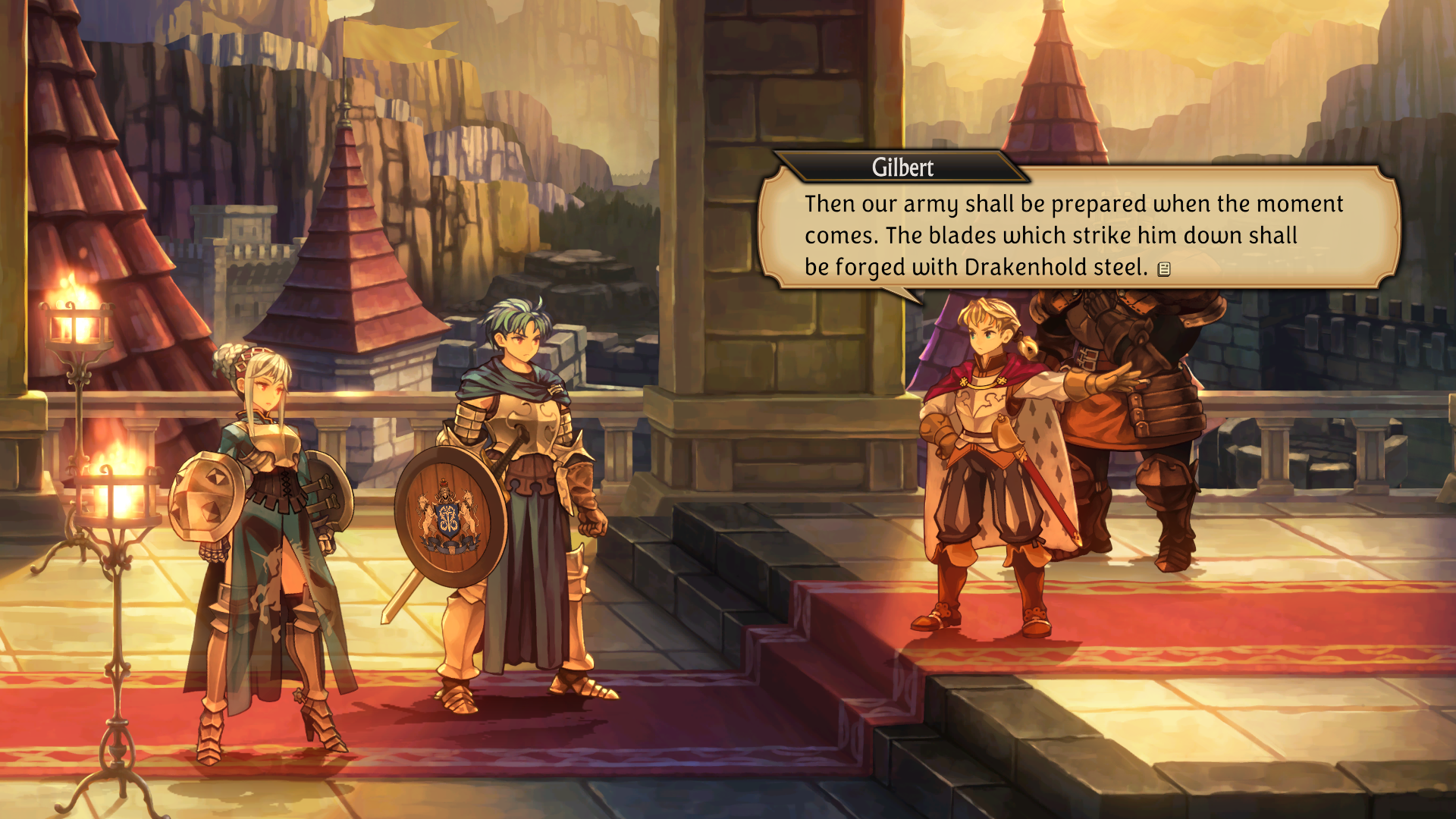 HD desktop wallpaper from the video game Unicorn Overlord, featuring characters in a medieval setting with dialogue text.