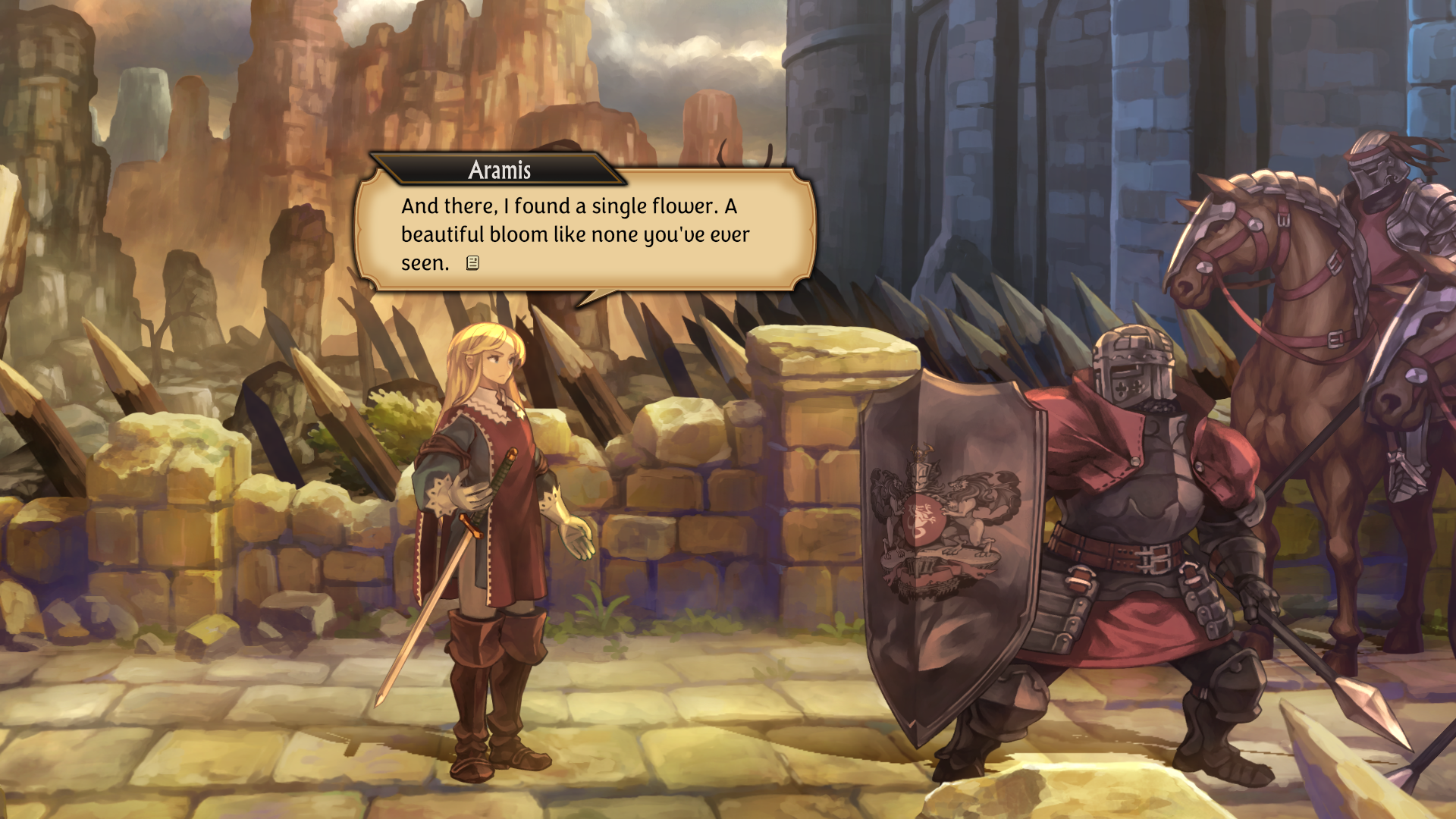 HD wallpaper of a video game scene with Unicorn Overlord, featuring a knight and fantasy characters in an epic landscape.