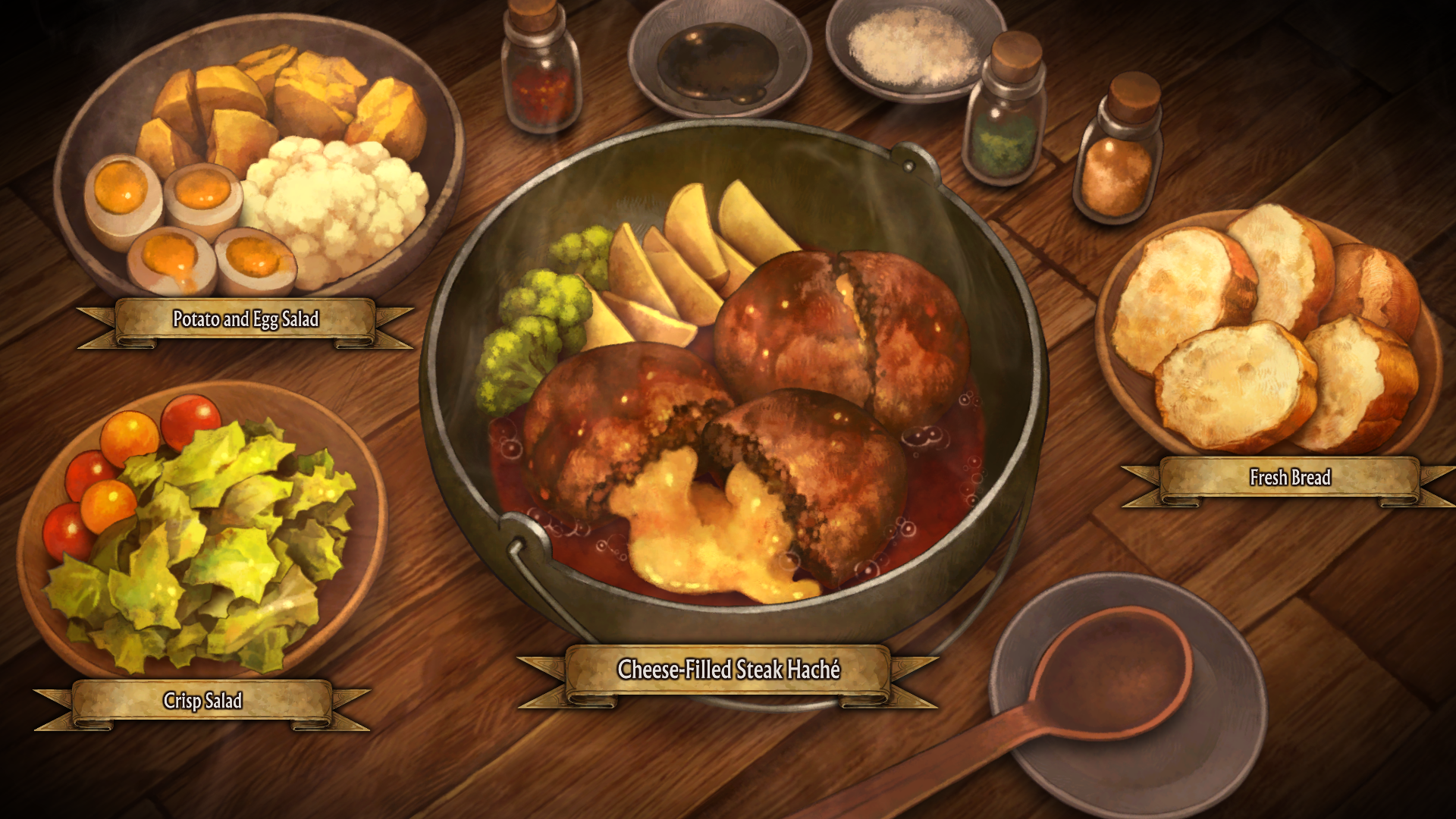 HD desktop wallpaper of a video game feast with the Unicorn Overlord theme, featuring a lavish in-game meal on a wooden table.