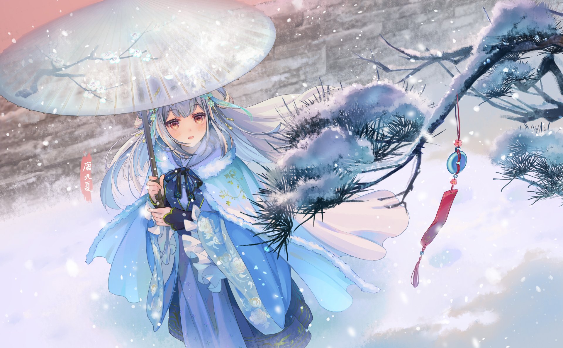 4K Ultra HD anime girl standing in a snowy landscape, holding a traditional umbrella with delicate snowflakes falling around, creating a serene and ethereal atmosphere.