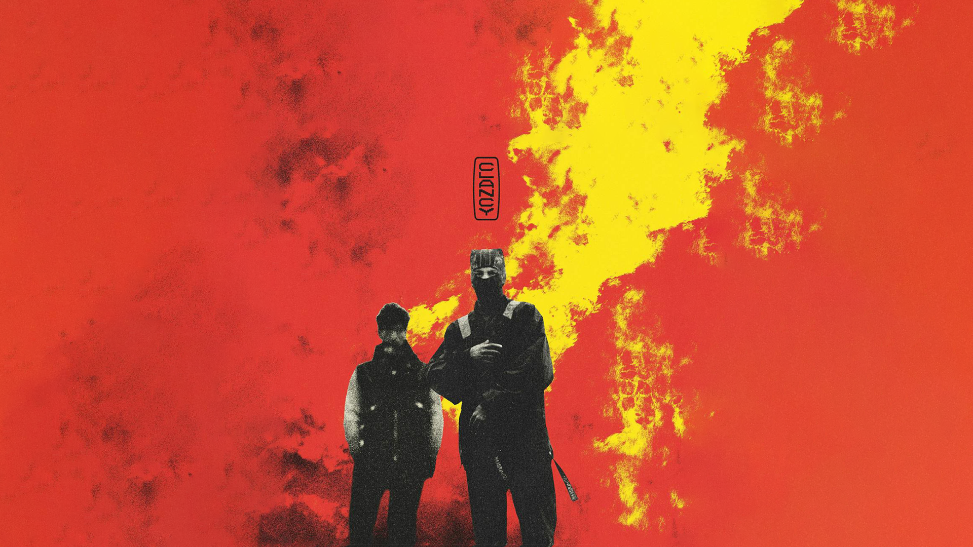 HD desktop wallpaper featuring Twenty One Pilots members Tyler Joseph and Josh Dun with vibrant red and yellow background and Clancy text element.