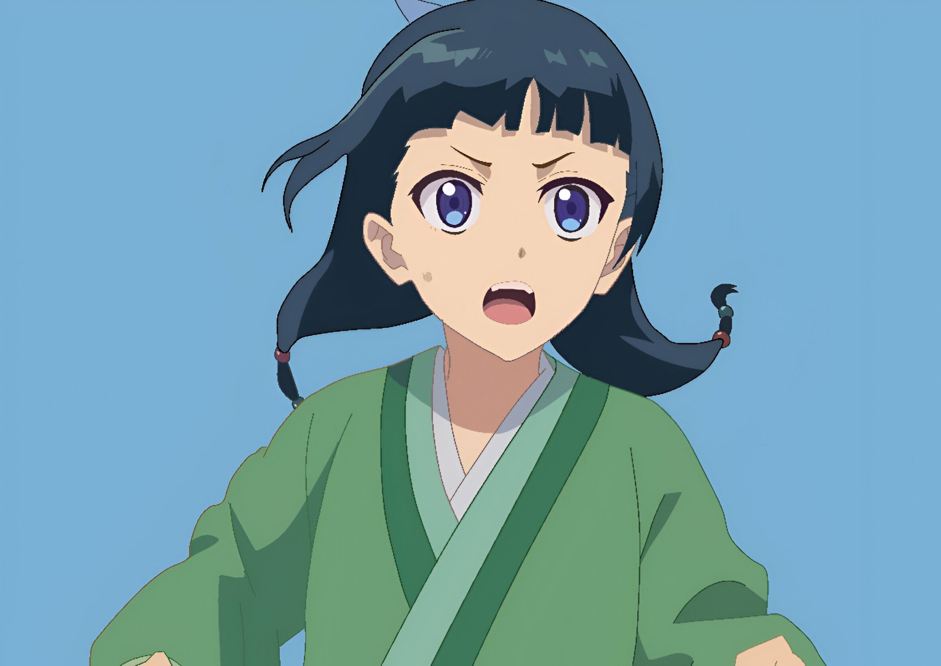 HD PC desktop wallpaper featuring Maomao from the anime The Apothecary Diaries, depicted with an intense expression against a plain blue background.