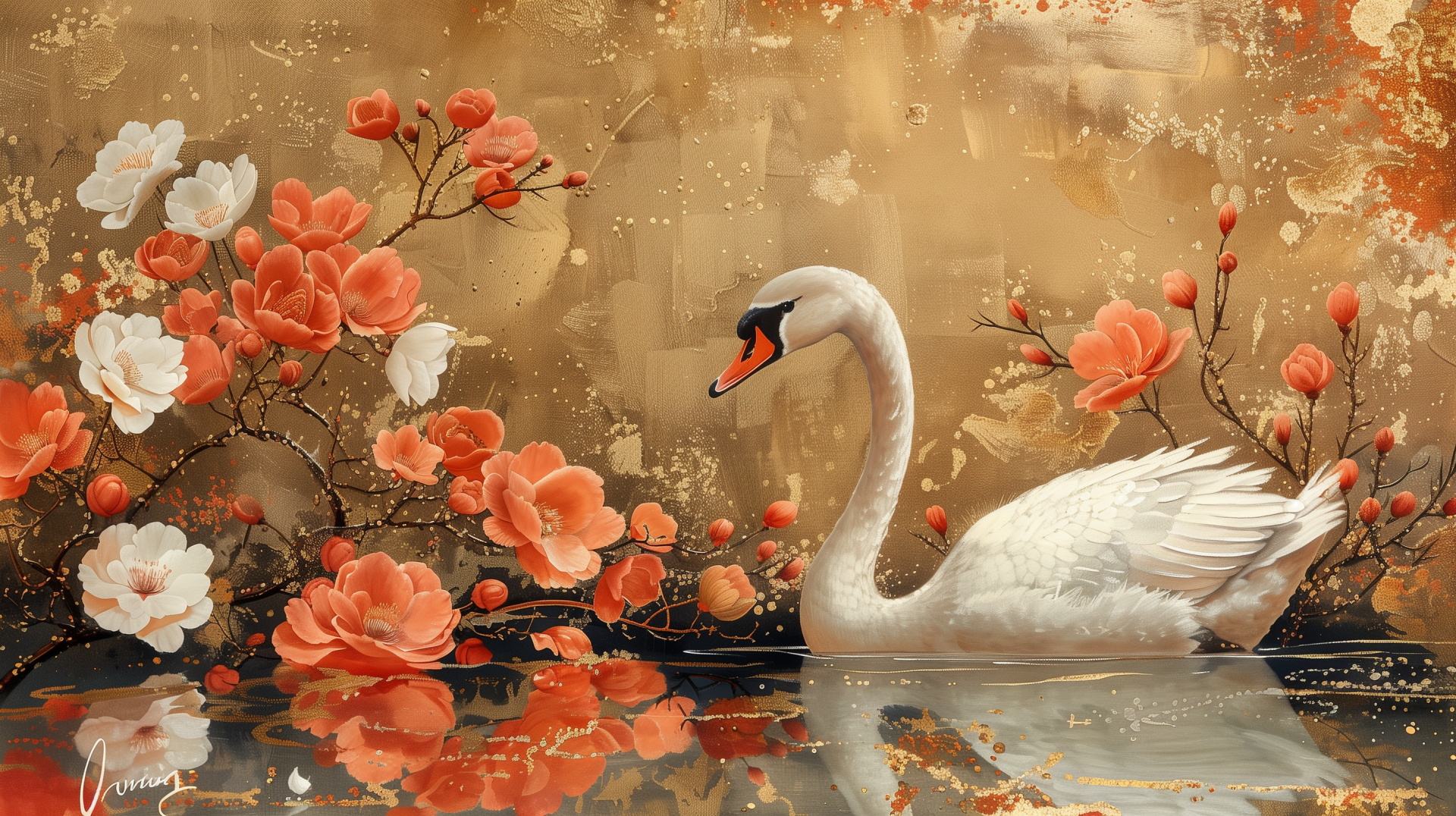 Elegant swan with floral design HD desktop wallpaper background.