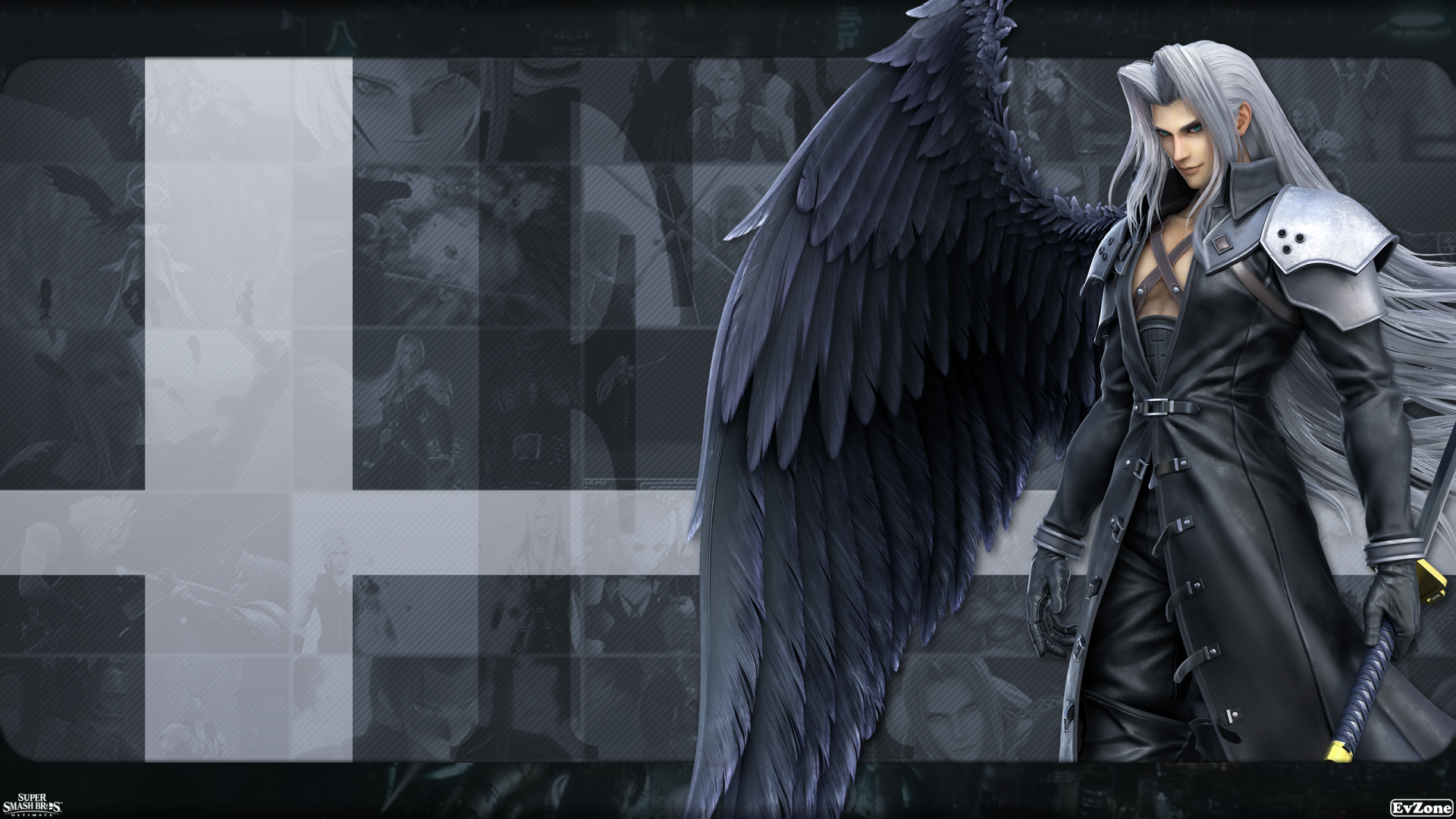 Sephiroth (Final Fantasy) from Super Smash Bros. Ultimate, winged and armored, posed against a dark abstract cross-patterned backdrop — 2K Quad HD PC desktop wallpaper/background.