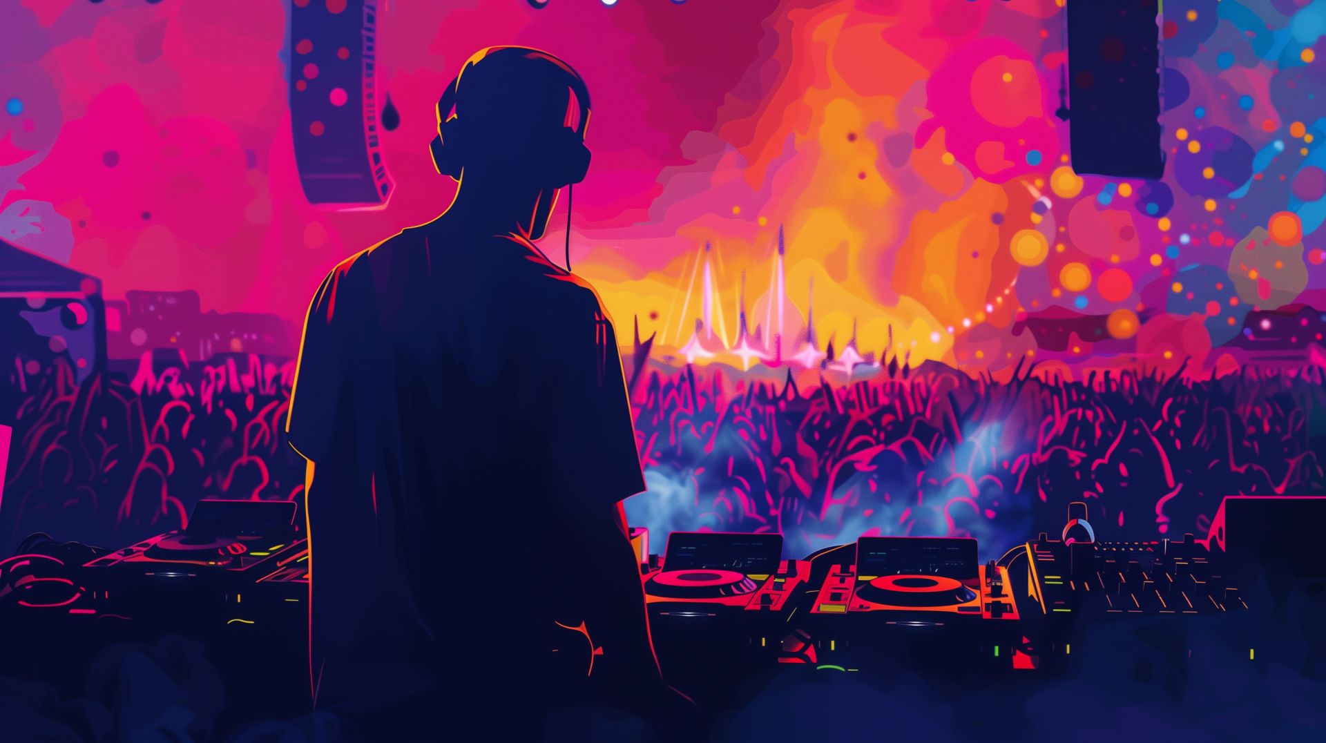 HD wallpaper of a DJ performing at an electronic music event with vibrant crowd and stage lights in the background.