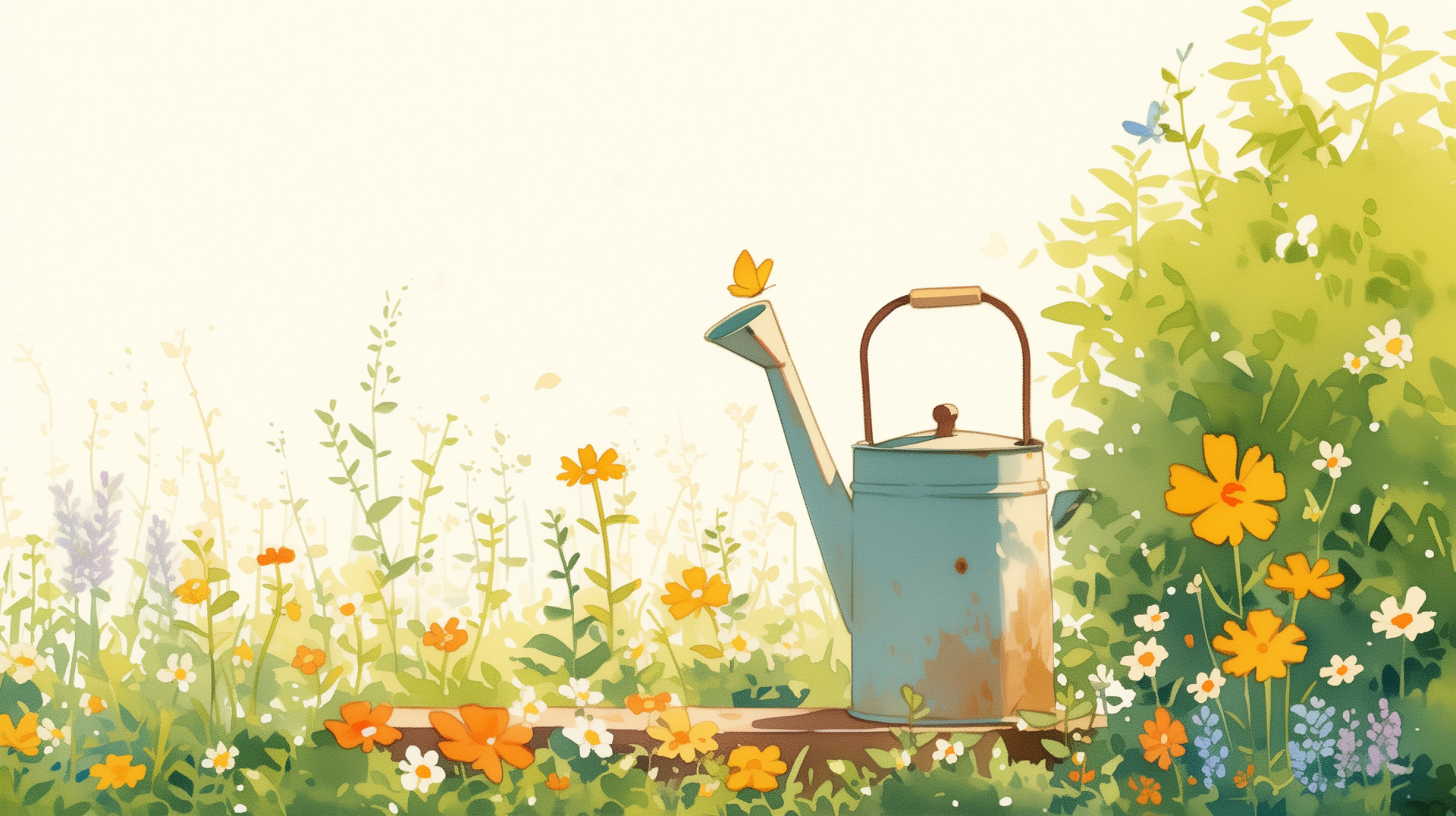 HD desktop wallpaper featuring a charming illustration of a vintage watering can amidst vibrant wildflowers in a sunny meadow setting.