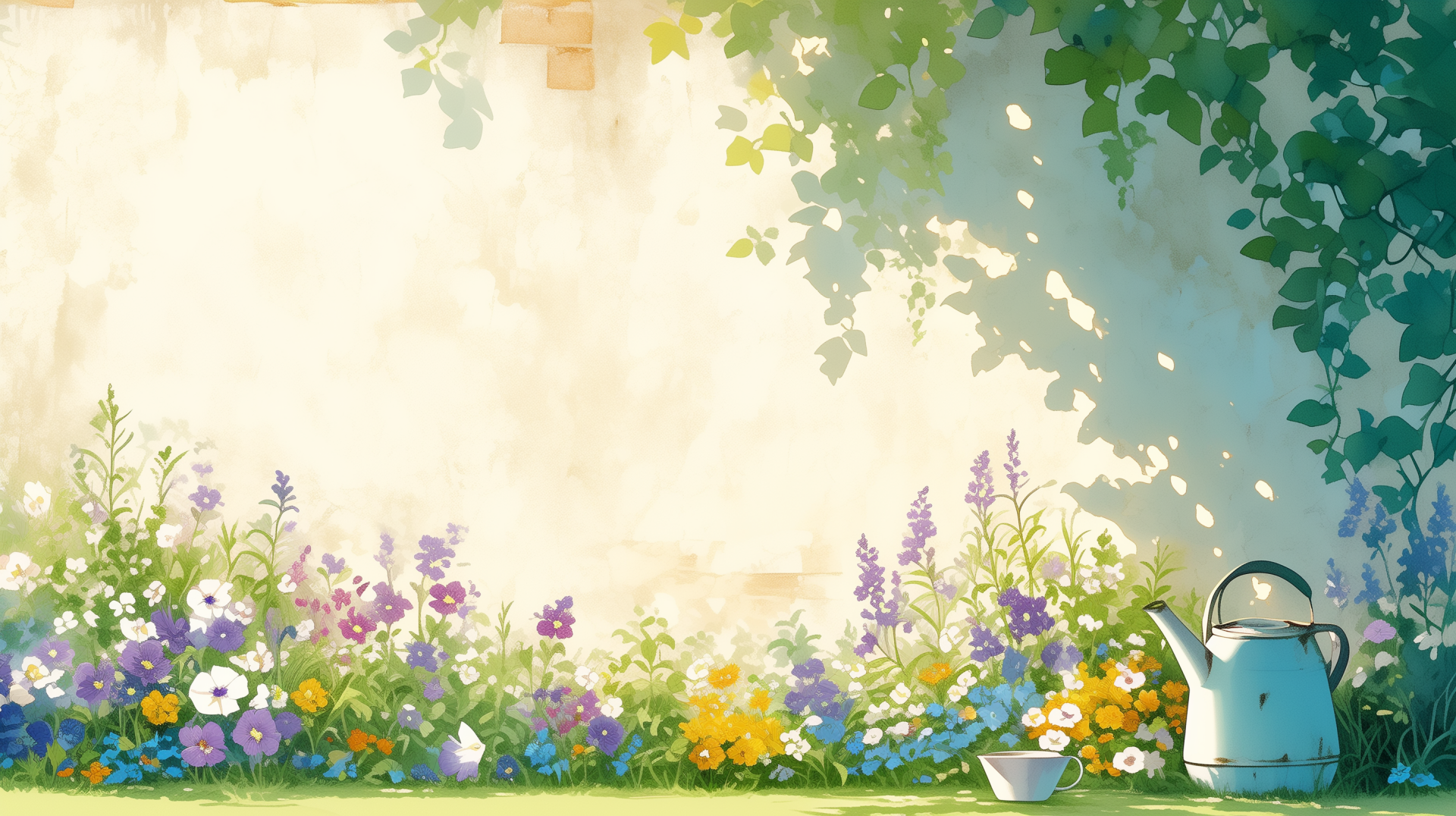 HD desktop wallpaper featuring a scenic garden with a watering can, surrounded by vibrant flowers and lush greenery.