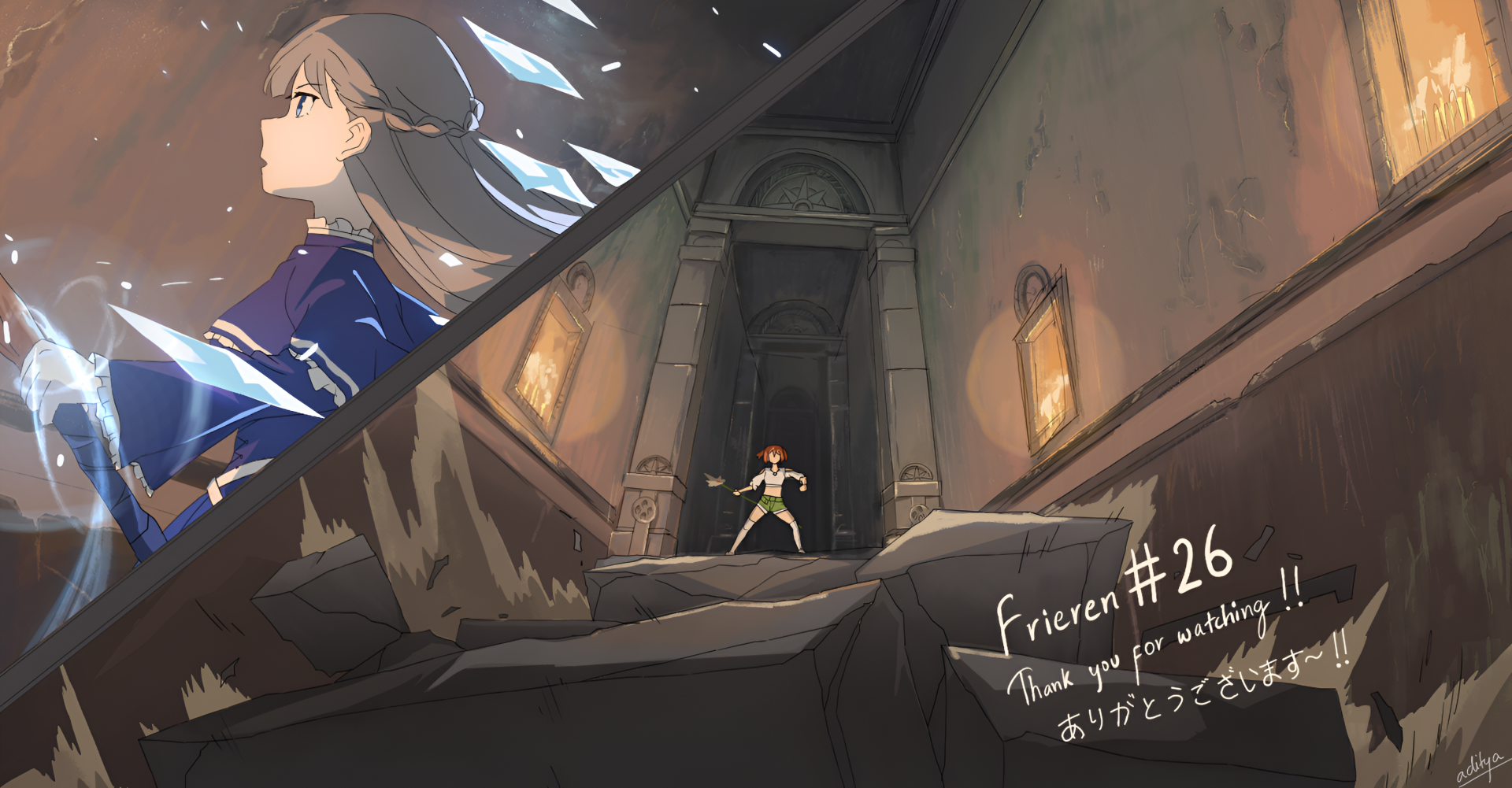 HD anime desktop wallpaper from Frieren: Beyond Journey's End featuring a character standing in a dimly lit ancient hallway with floating crystal shards nearby.