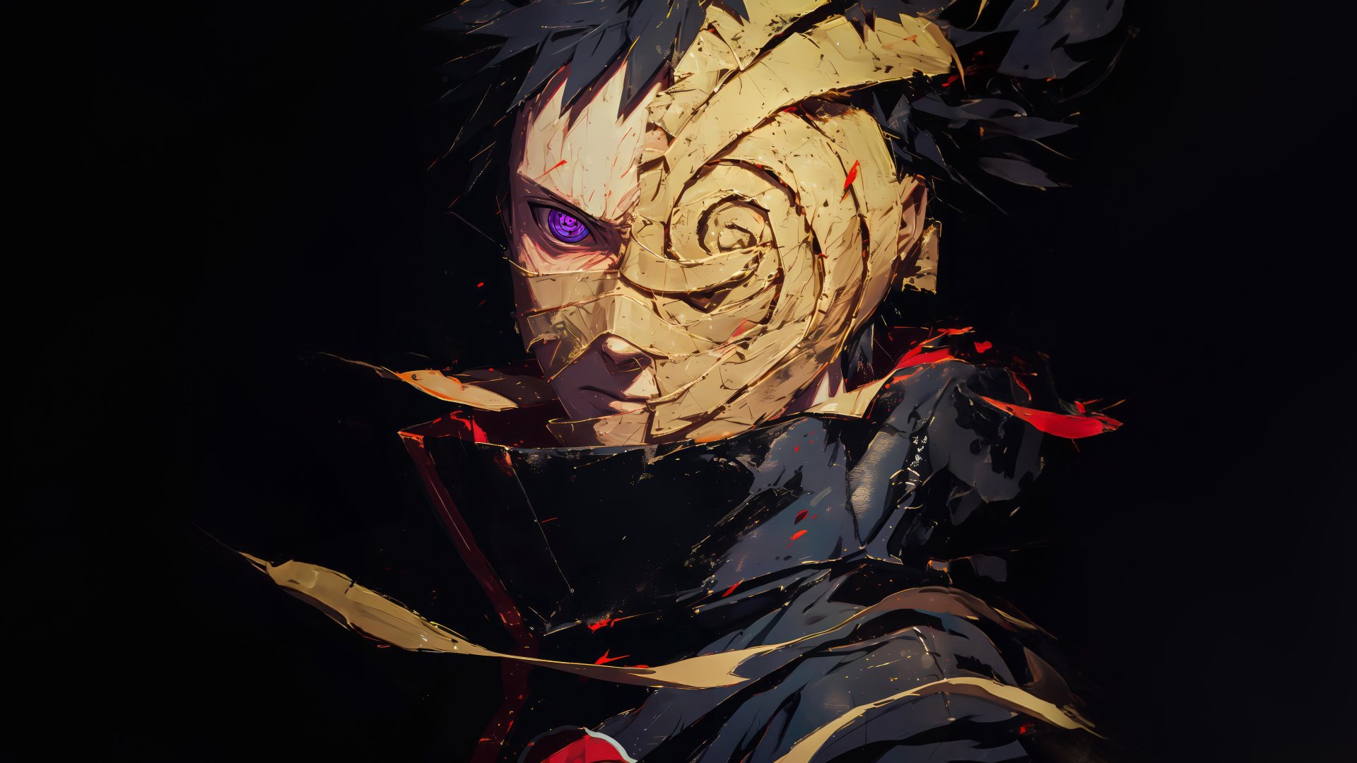 Anime character Obito Uchiha with Rinnegan eyes in a stylized HD wallpaper from Naruto series.