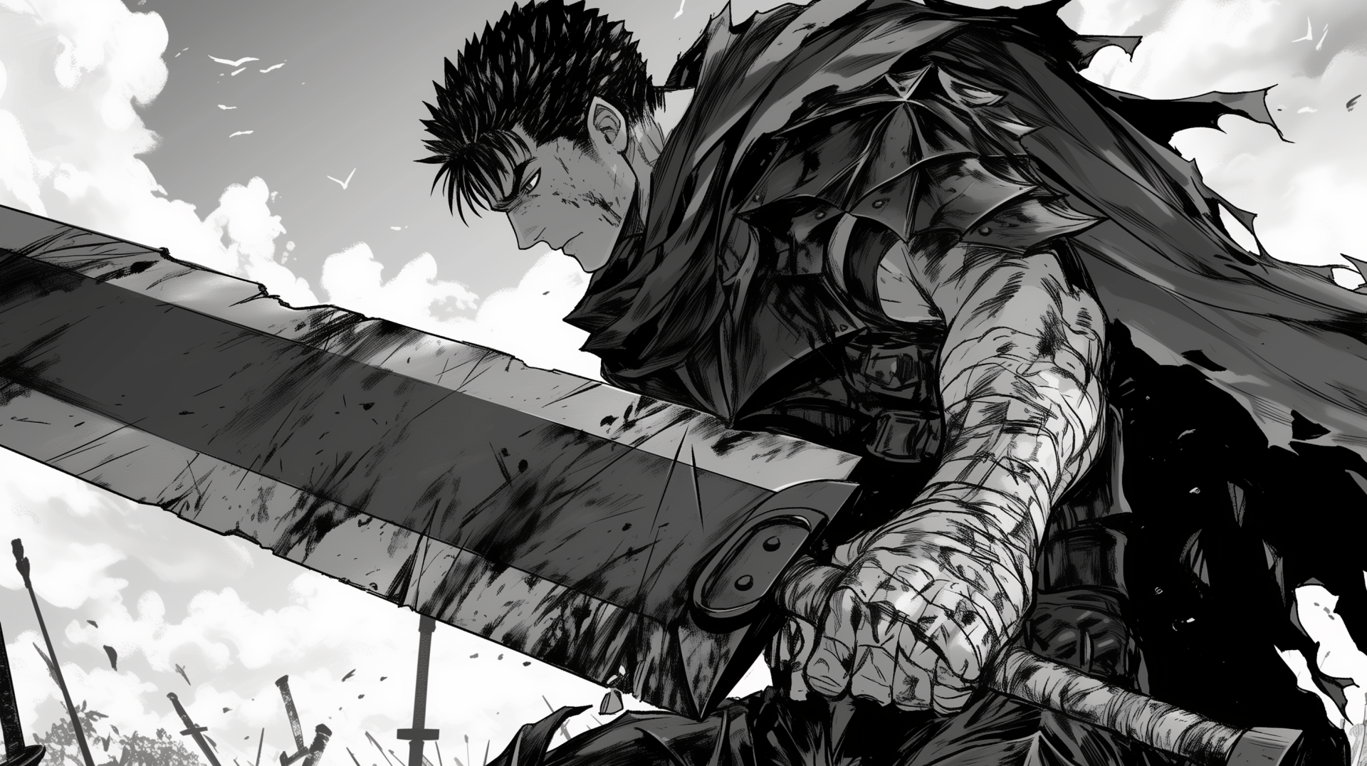 Anime-inspired HD wallpaper featuring Guts from Berserk, gripping a massive sword, set against a dramatic backdrop of clouds and battle scenery in a striking manga style.