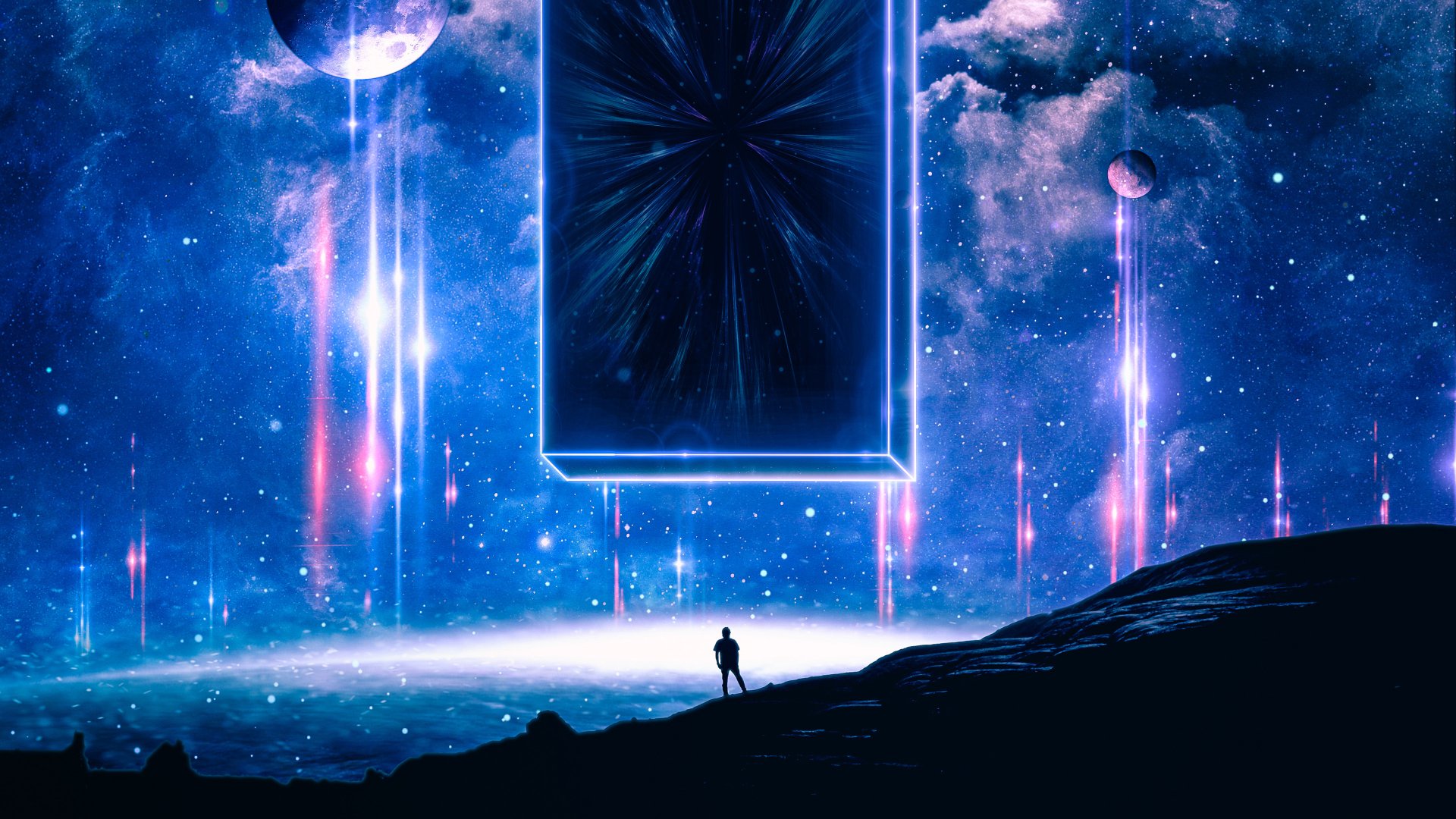4K Ultra HD digital art of a sci-fi landscape with a starry sky, glowing portals, and a lone figure standing on a ridge beneath a luminous moon.