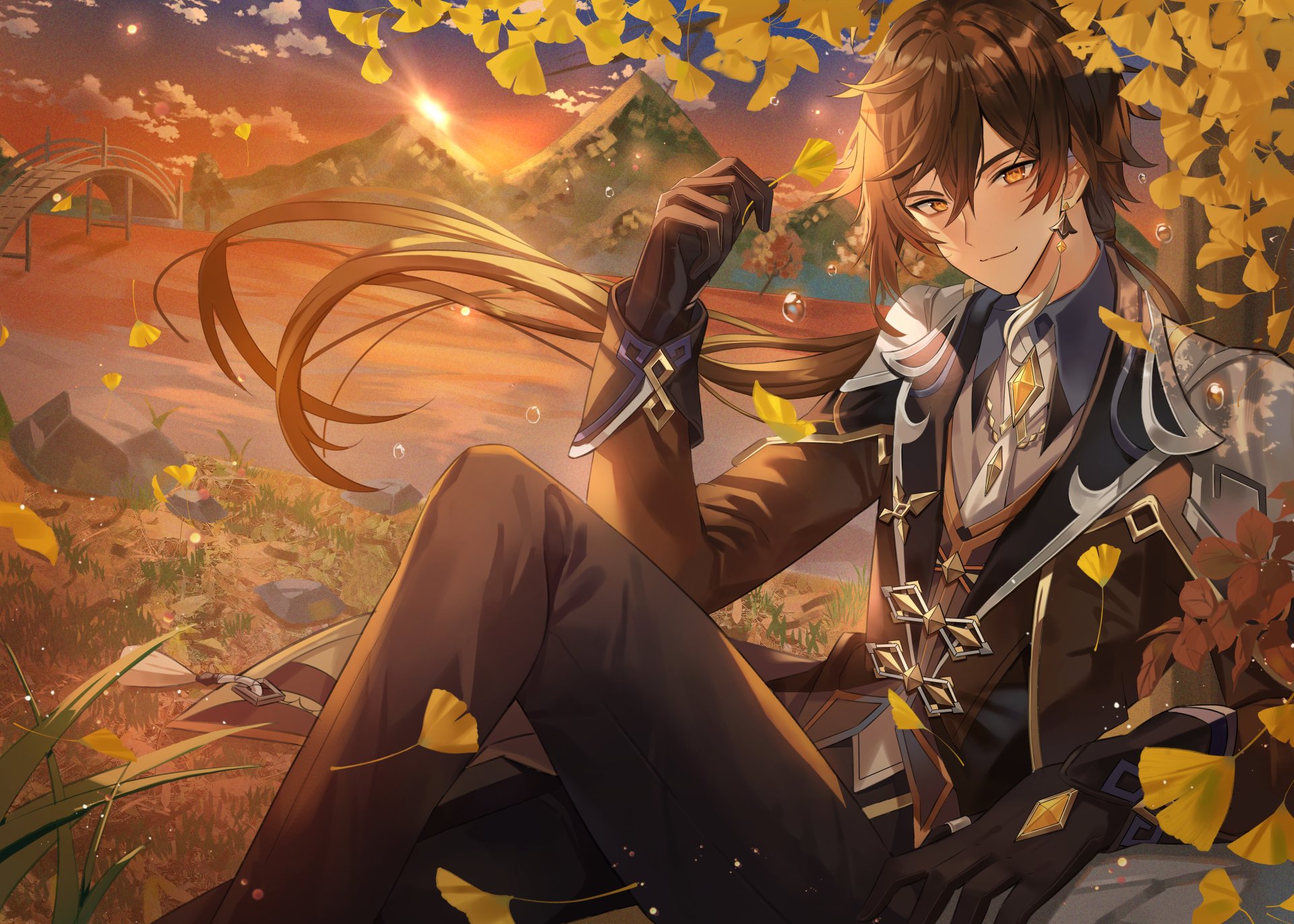 4K Ultra HD PC wallpaper featuring Zhongli from Genshin Impact, surrounded by autumn leaves and warm golden light in a detailed fantasy landscape.